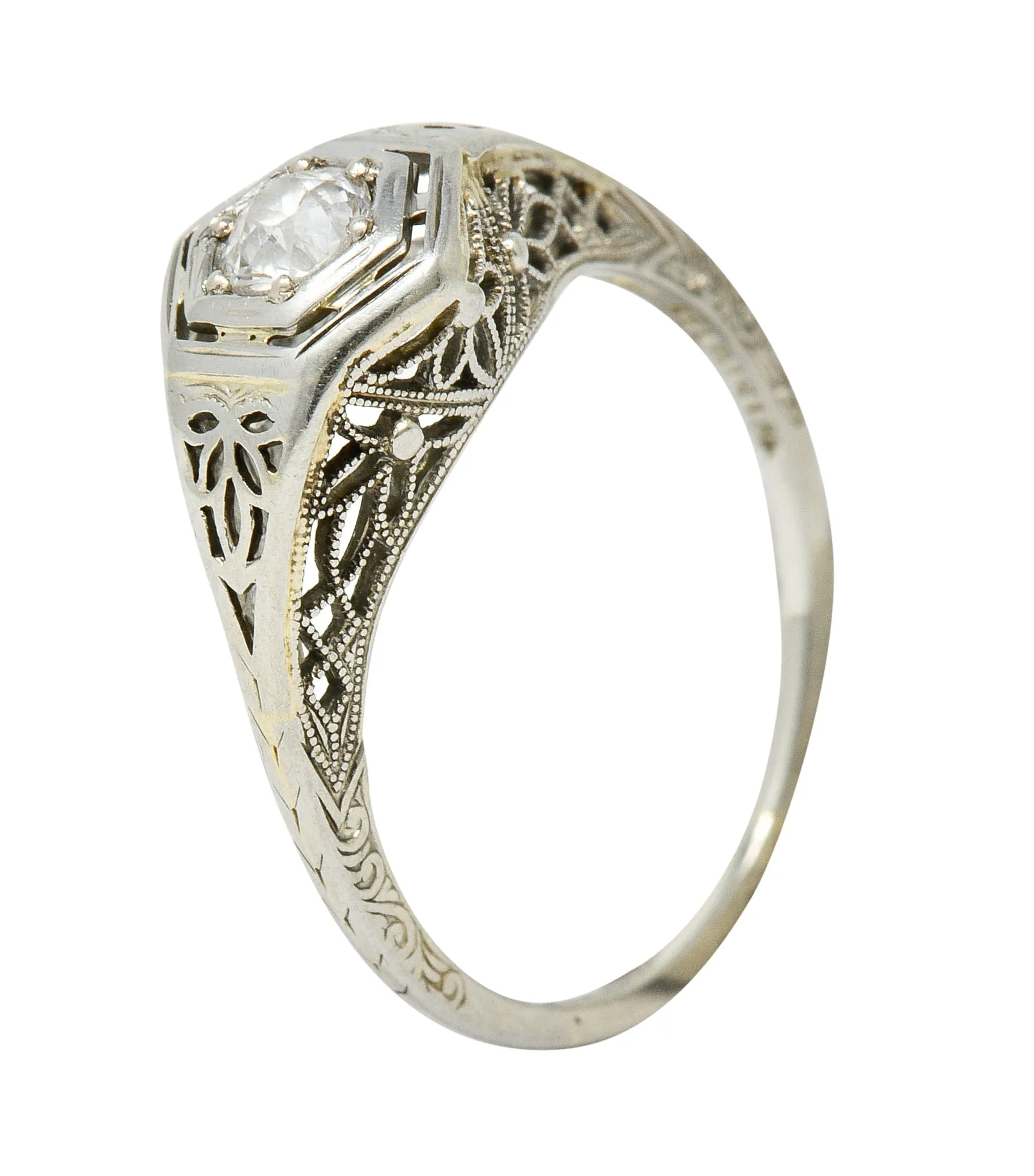 Belais Early Art Deco 0.26 CTW Diamond 18 Karat White Gold Floral Engagement Ring