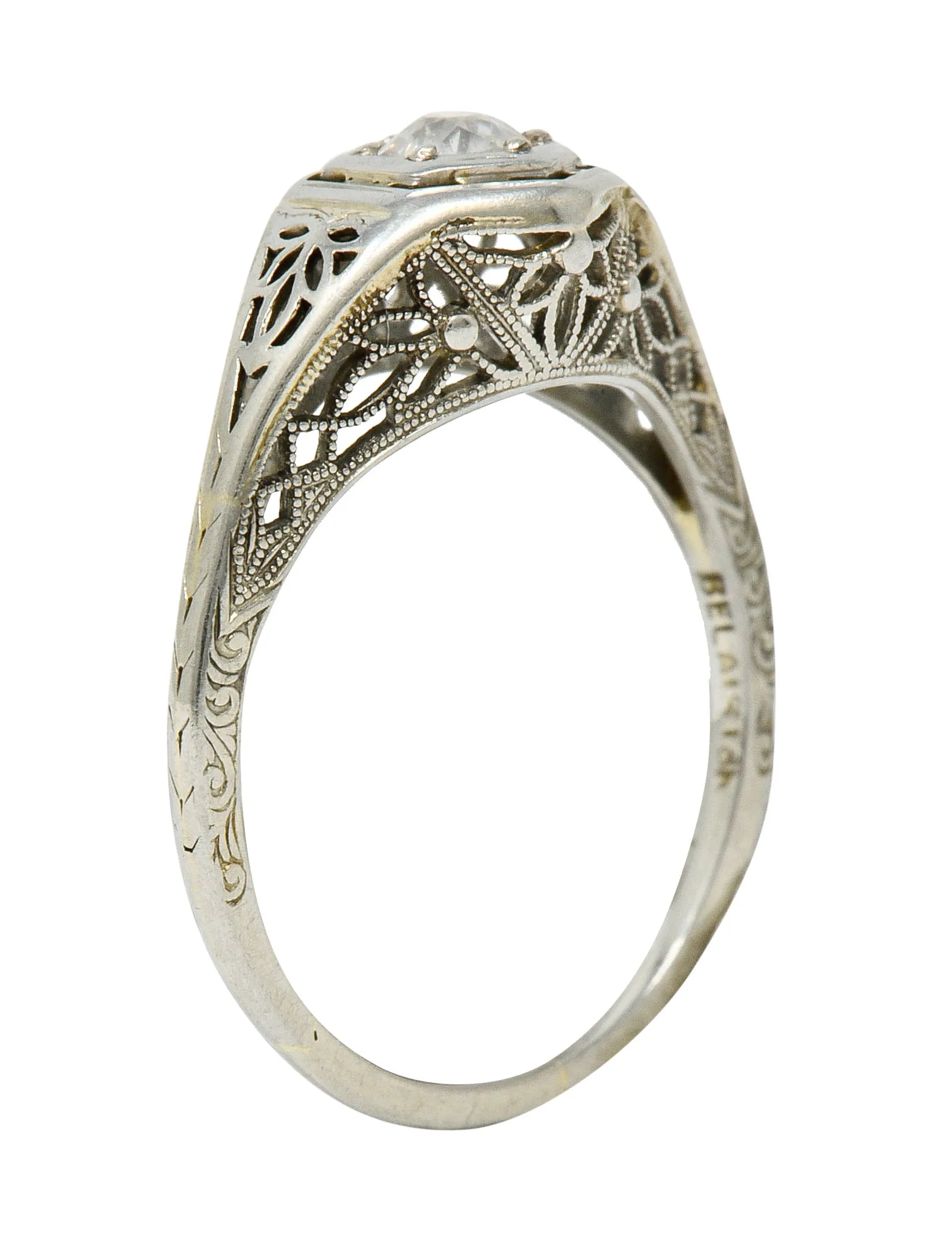 Belais Early Art Deco 0.26 CTW Diamond 18 Karat White Gold Floral Engagement Ring