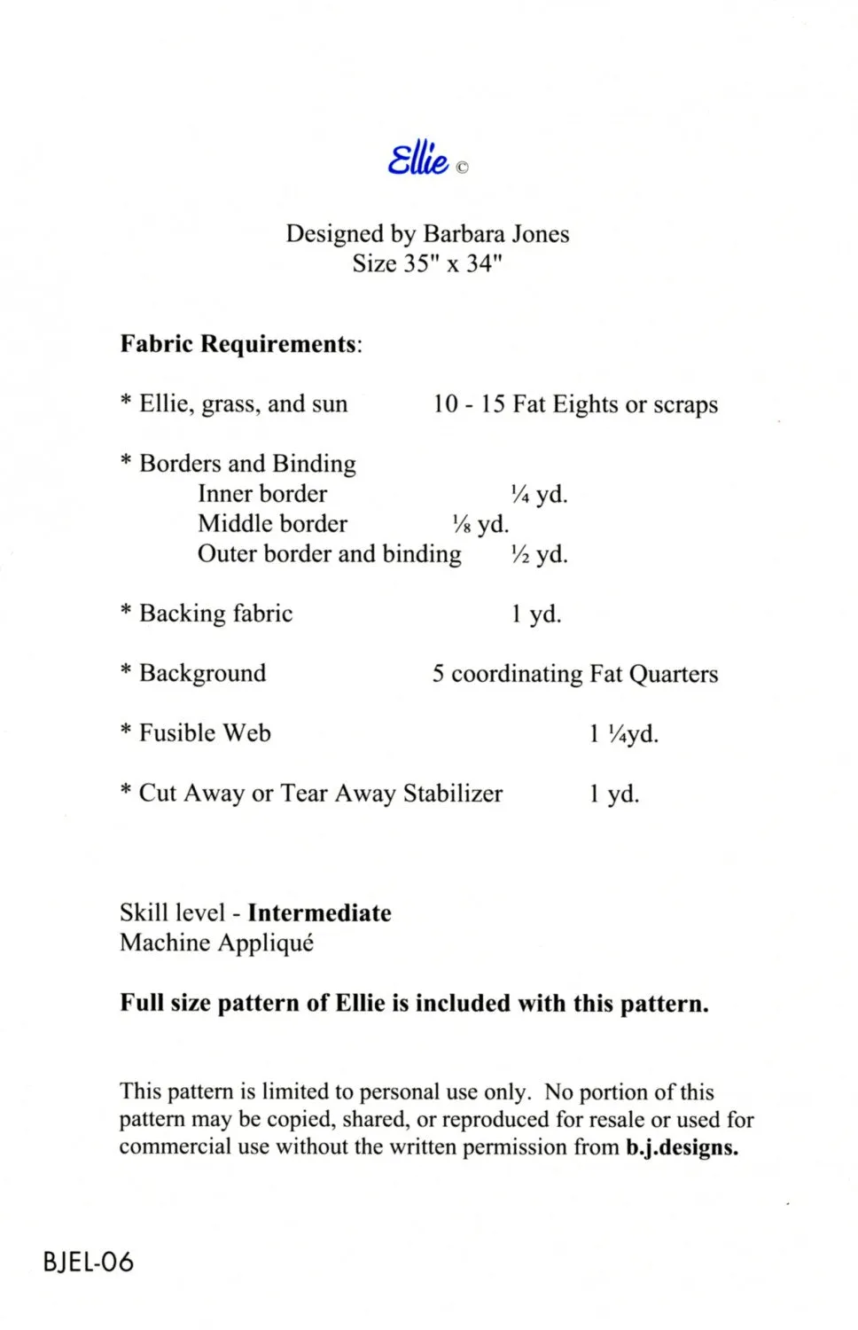 BJ Designs & Patterns Ellie Elephant Applique Quilt Pattern