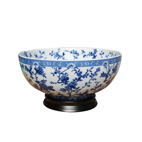 Blue & White Floral Porcelain Bowl w/ Base