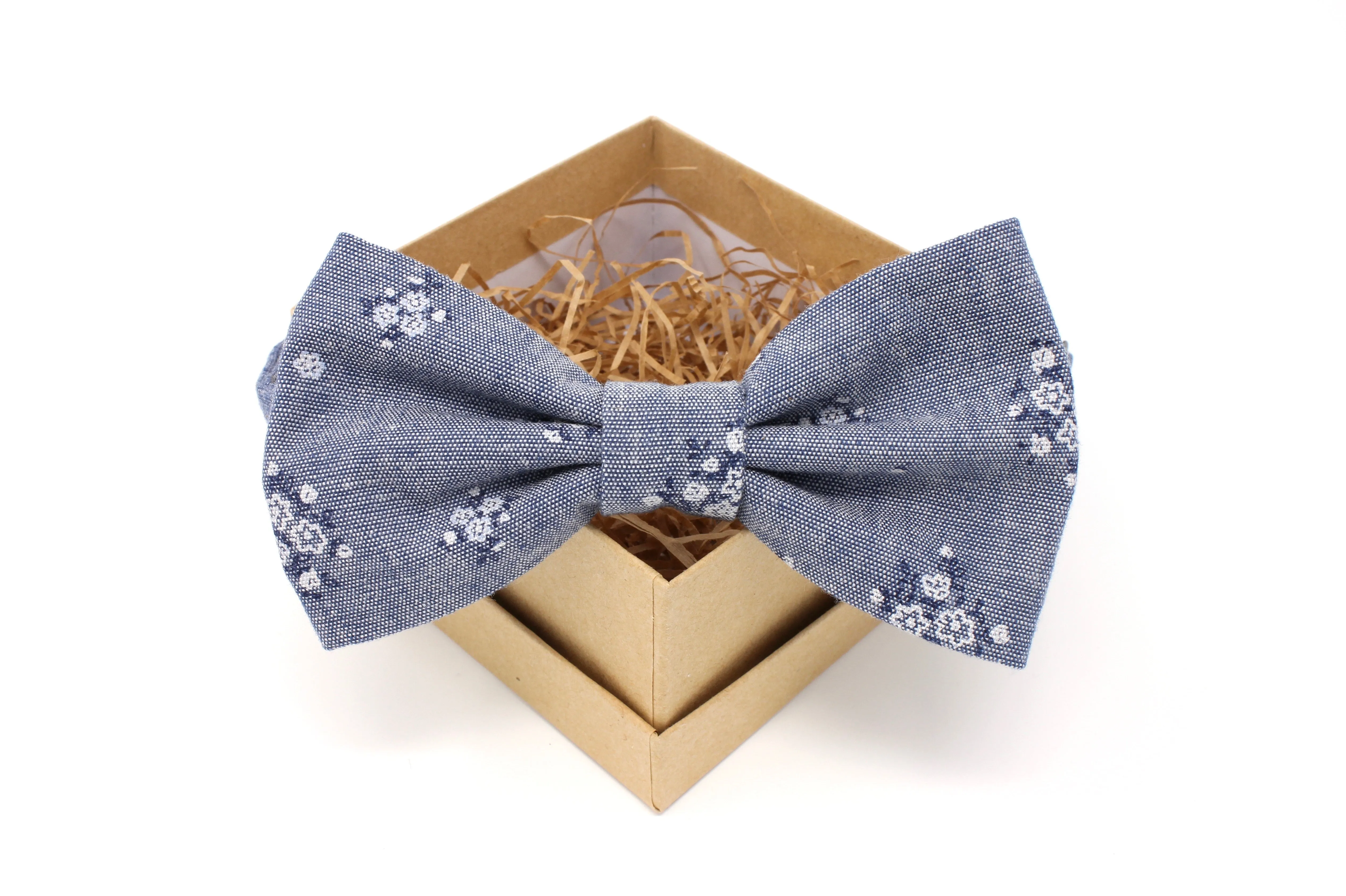 Blue Chambray Floral Bow Tie