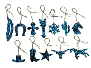 Blue Metallic Glitter Leather Cowhide Christmas Ornament  - Sold Individually