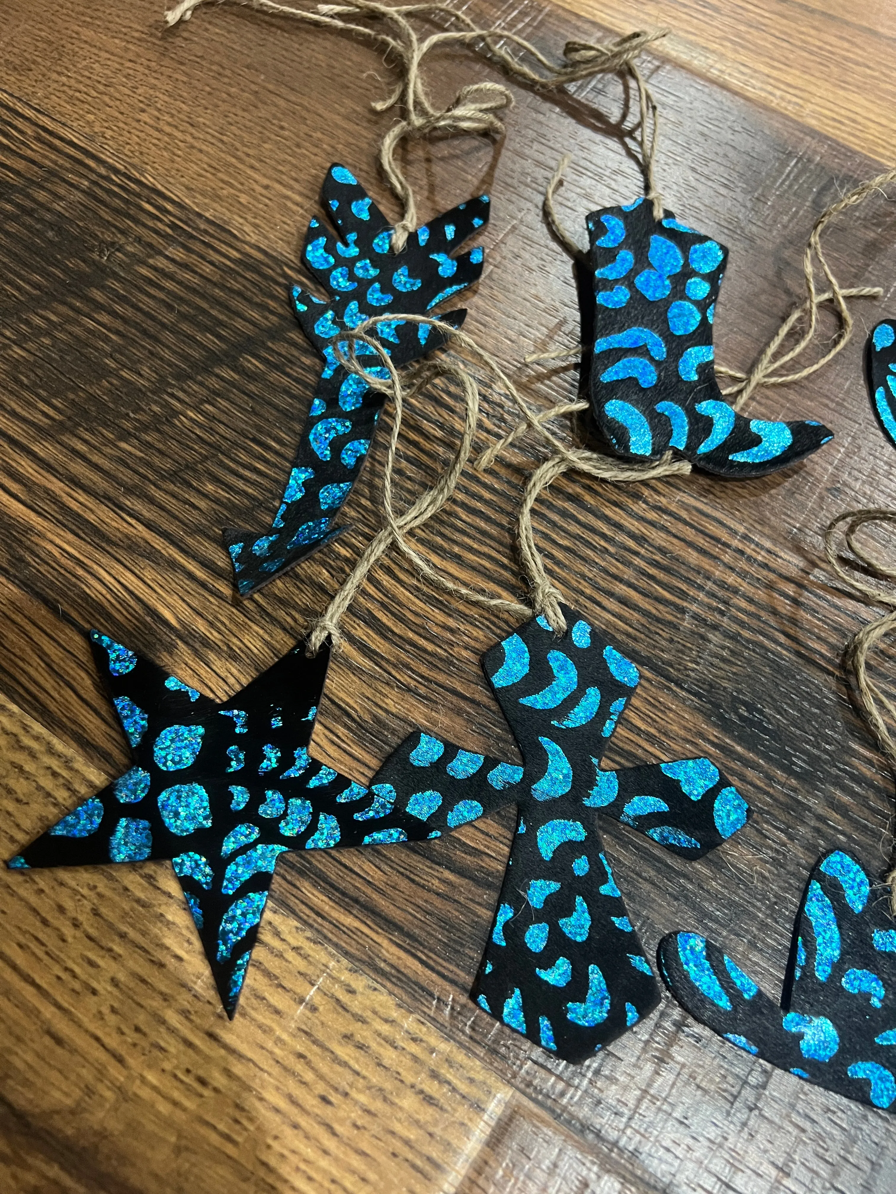 Blue Metallic Glitter Leather Cowhide Christmas Ornament  - Sold Individually
