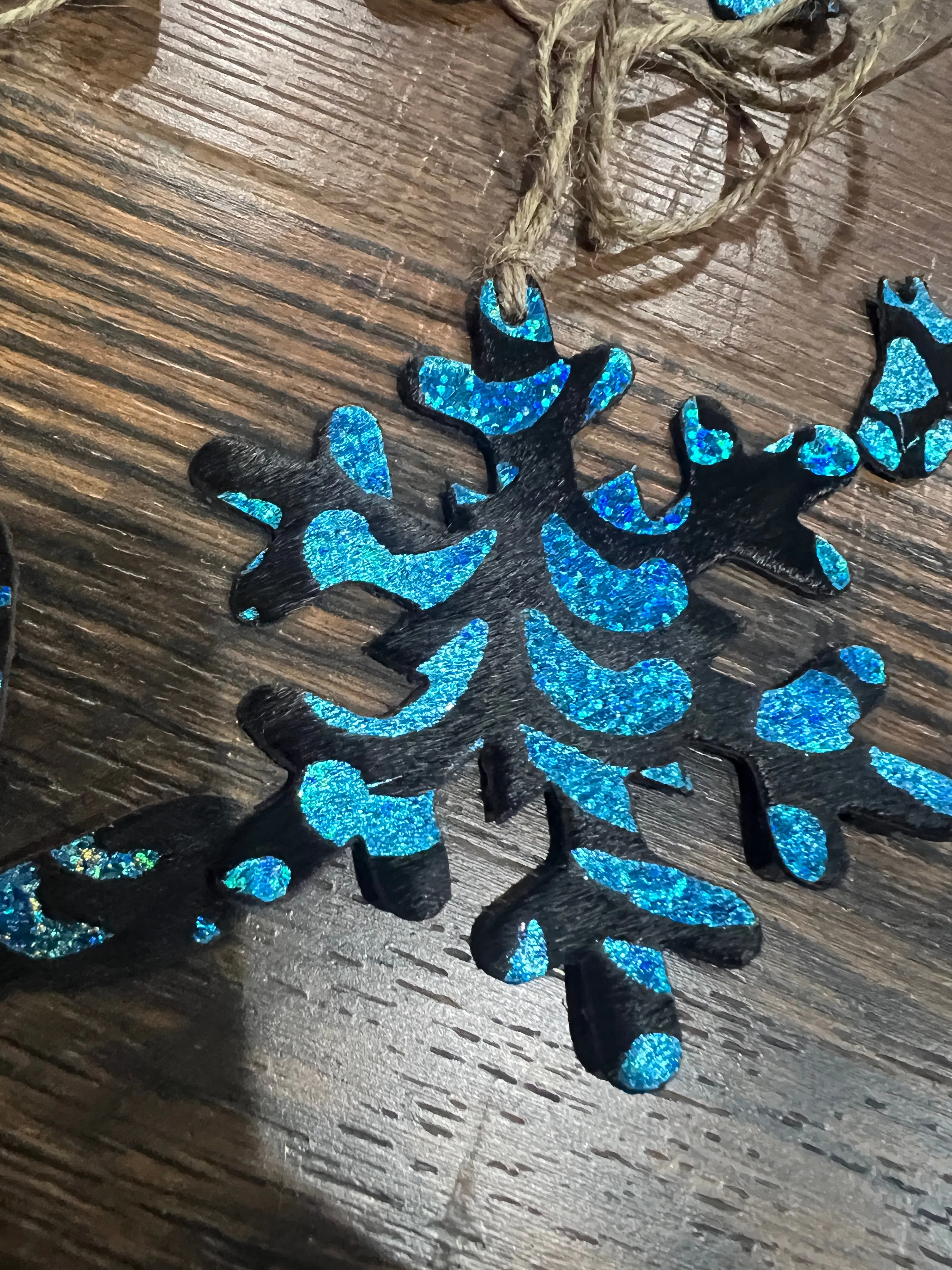 Blue Metallic Glitter Leather Cowhide Christmas Ornament  - Sold Individually