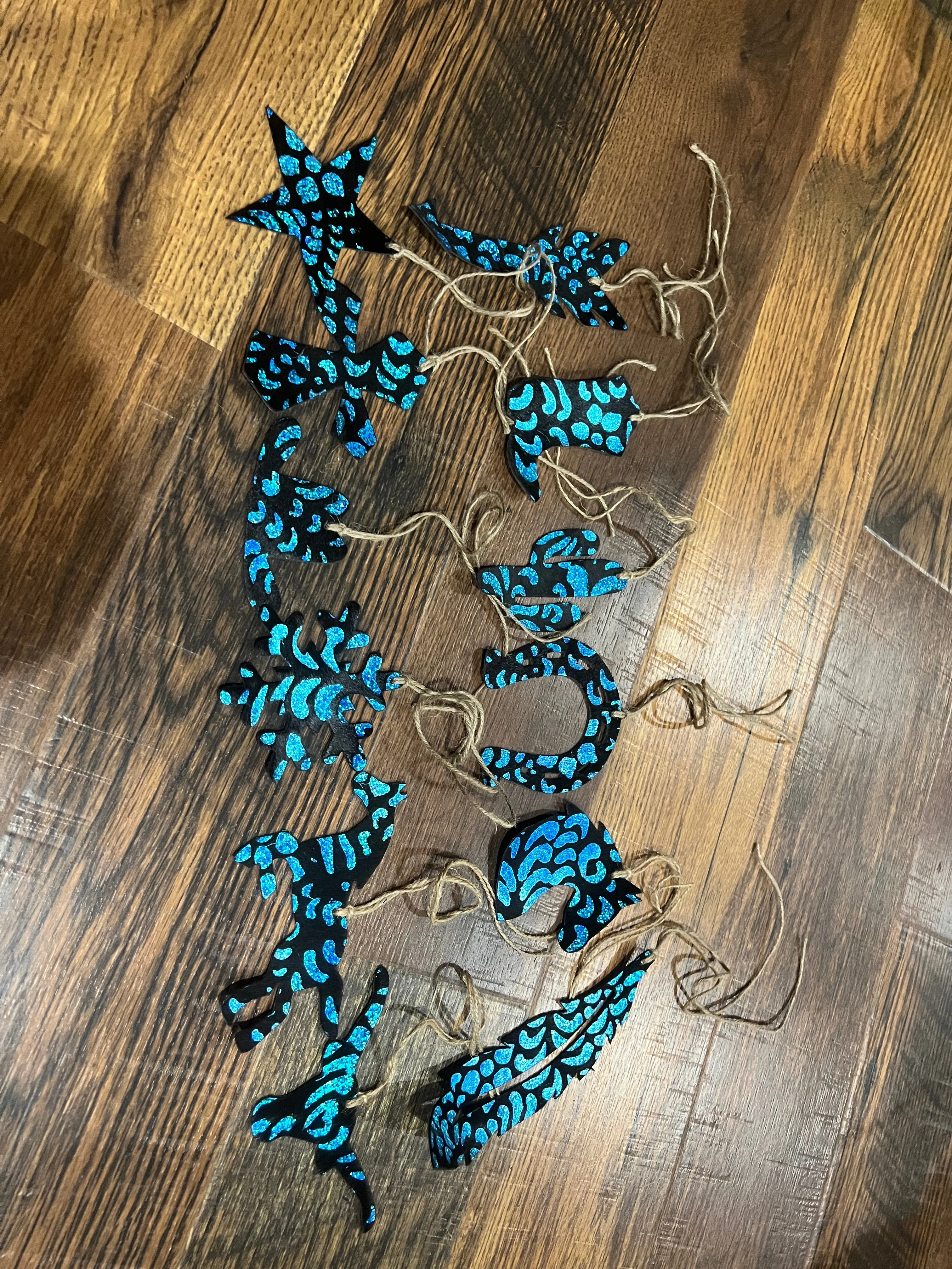Blue Metallic Glitter Leather Cowhide Christmas Ornament  - Sold Individually