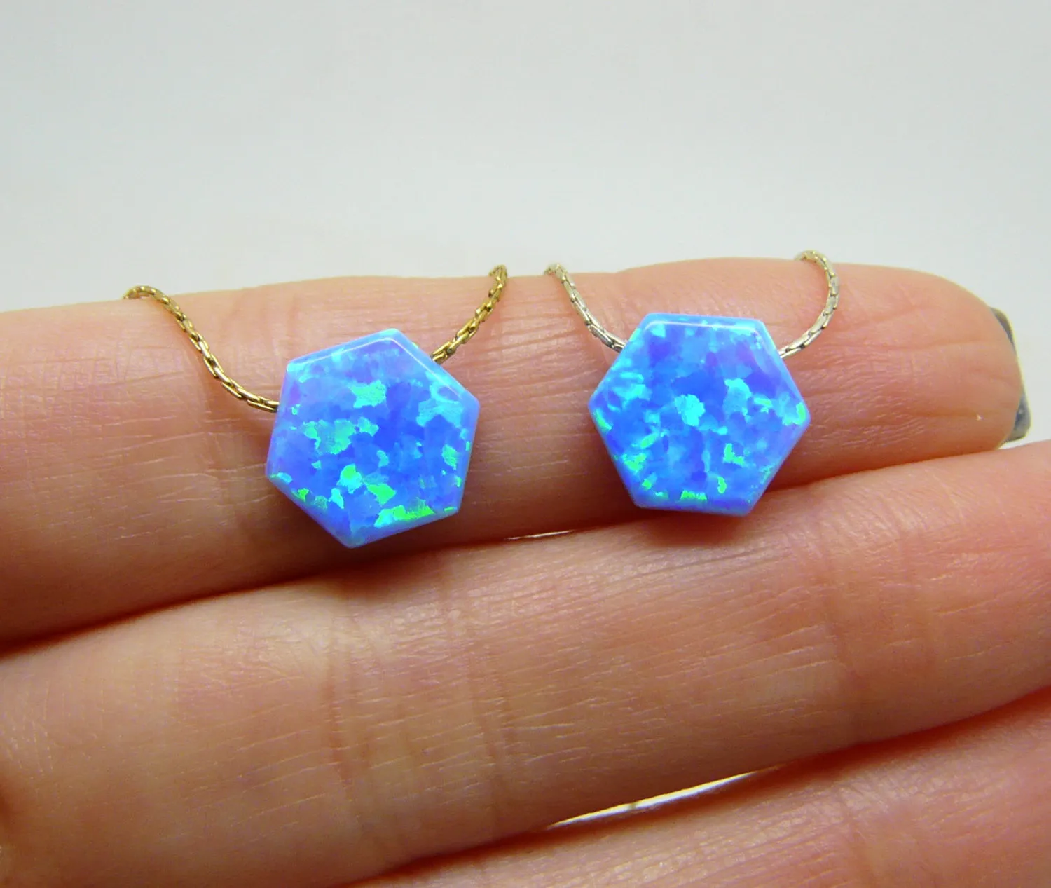 Blue Opal Hexagon Necklace – Minimalist Geometric Jewelry