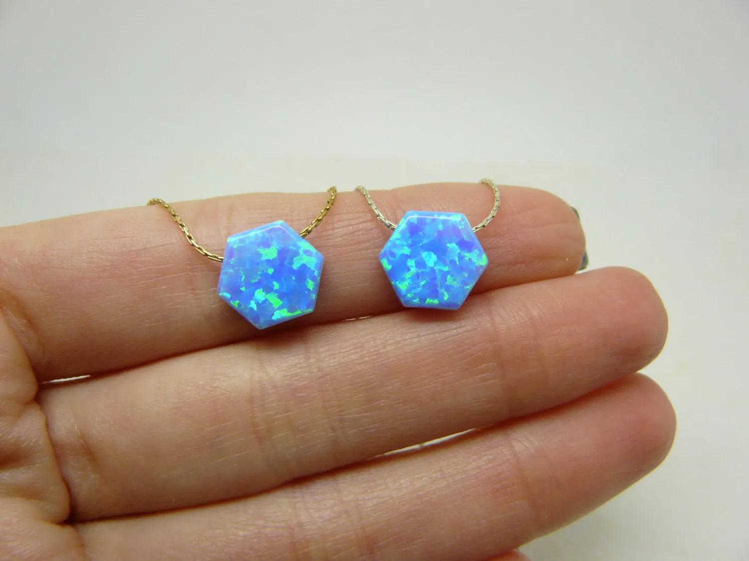 Blue Opal Hexagon Necklace – Minimalist Geometric Jewelry