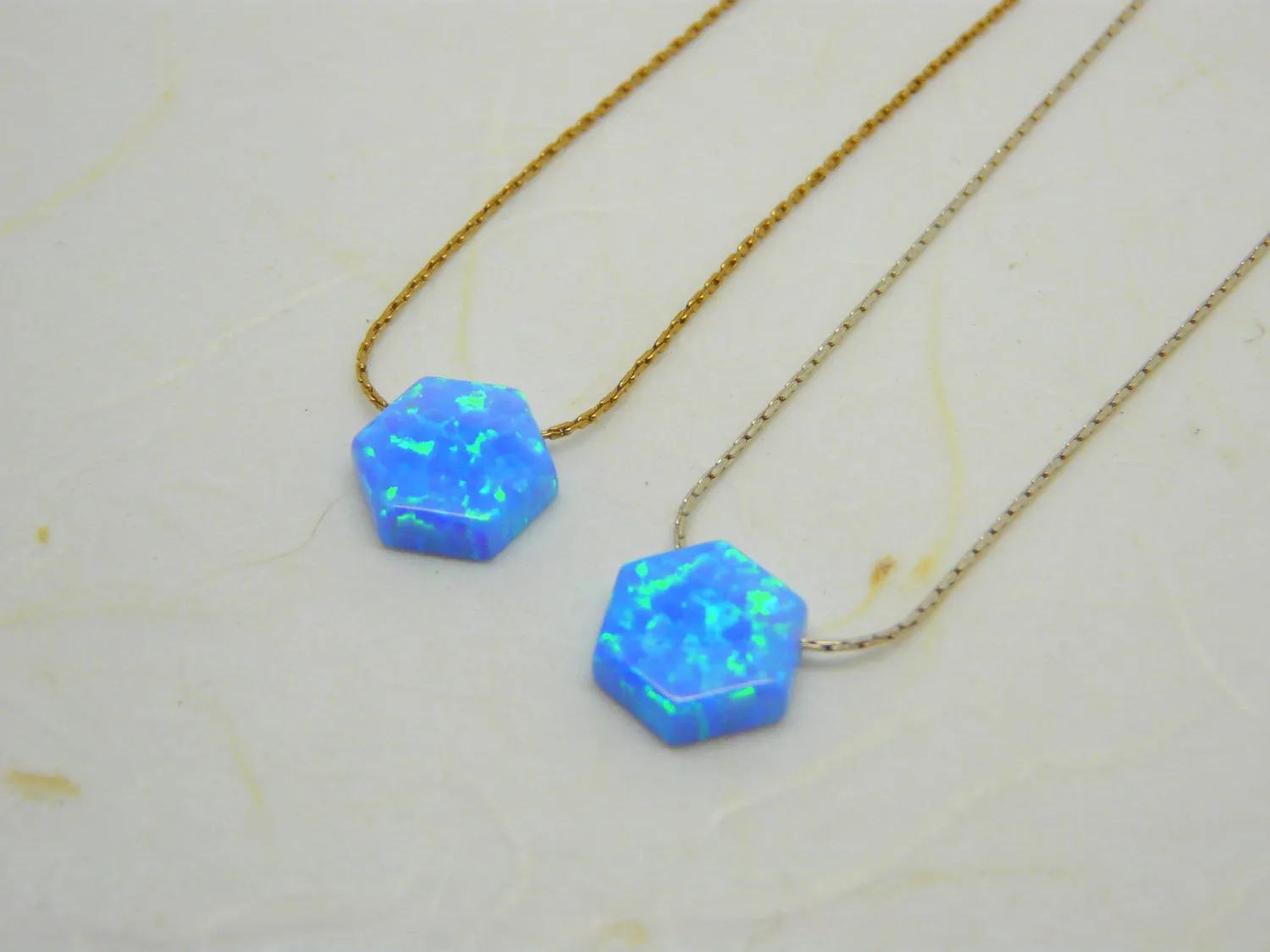 Blue Opal Hexagon Necklace – Minimalist Geometric Jewelry