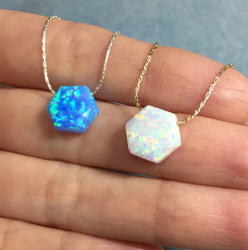 Blue Opal Hexagon Necklace – Minimalist Geometric Jewelry