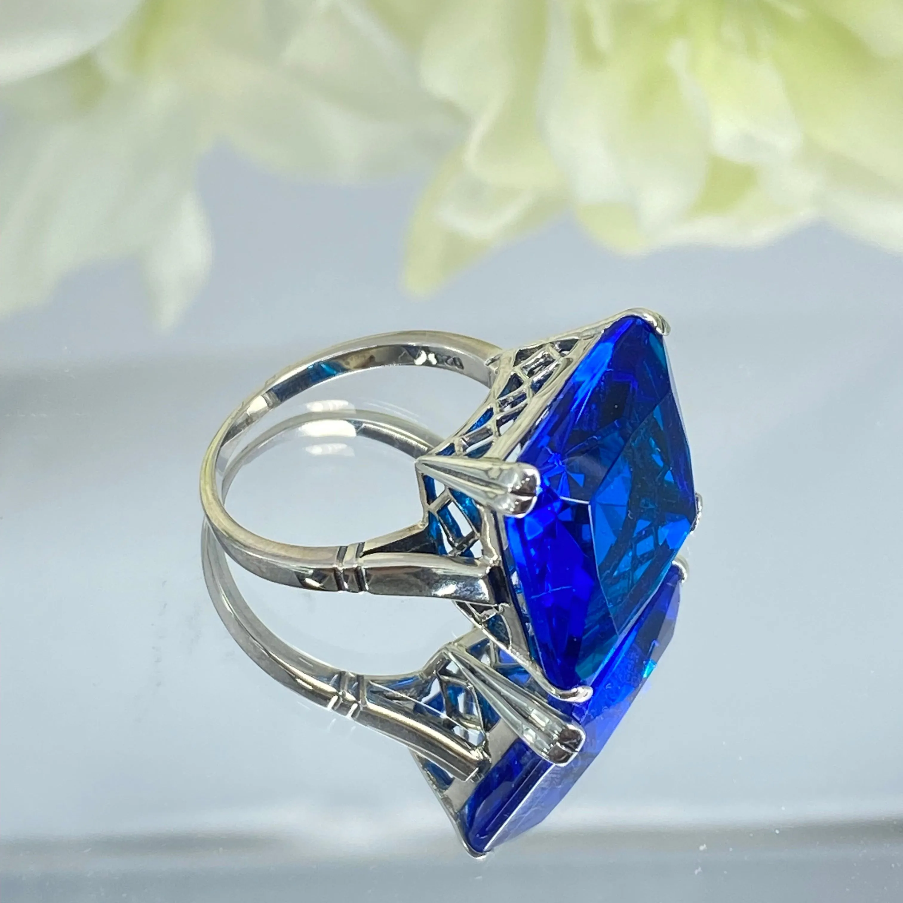 Blue Sapphire Ring, 20ct Big Huge Square Gem, Vintage Jewelry #D1