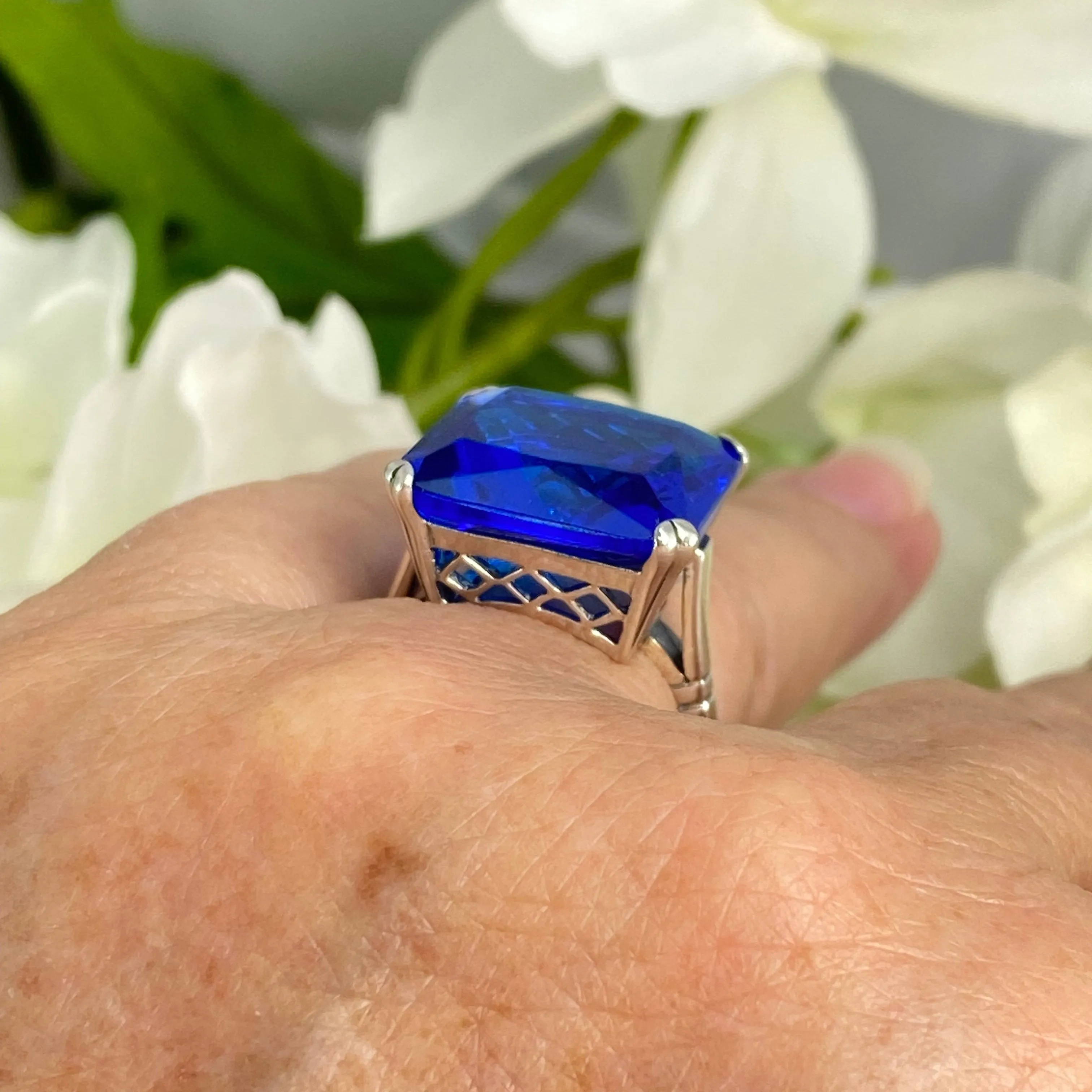Blue Sapphire Ring, 20ct Big Huge Square Gem, Vintage Jewelry #D1