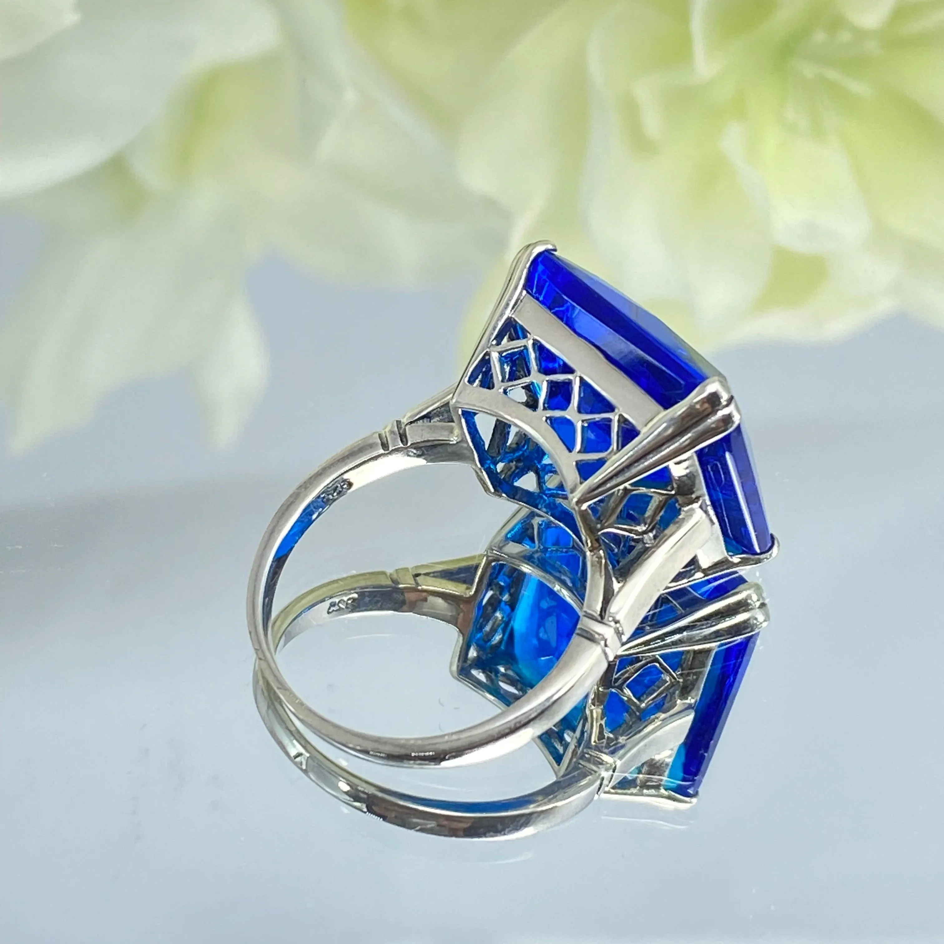 Blue Sapphire Ring, 20ct Big Huge Square Gem, Vintage Jewelry #D1