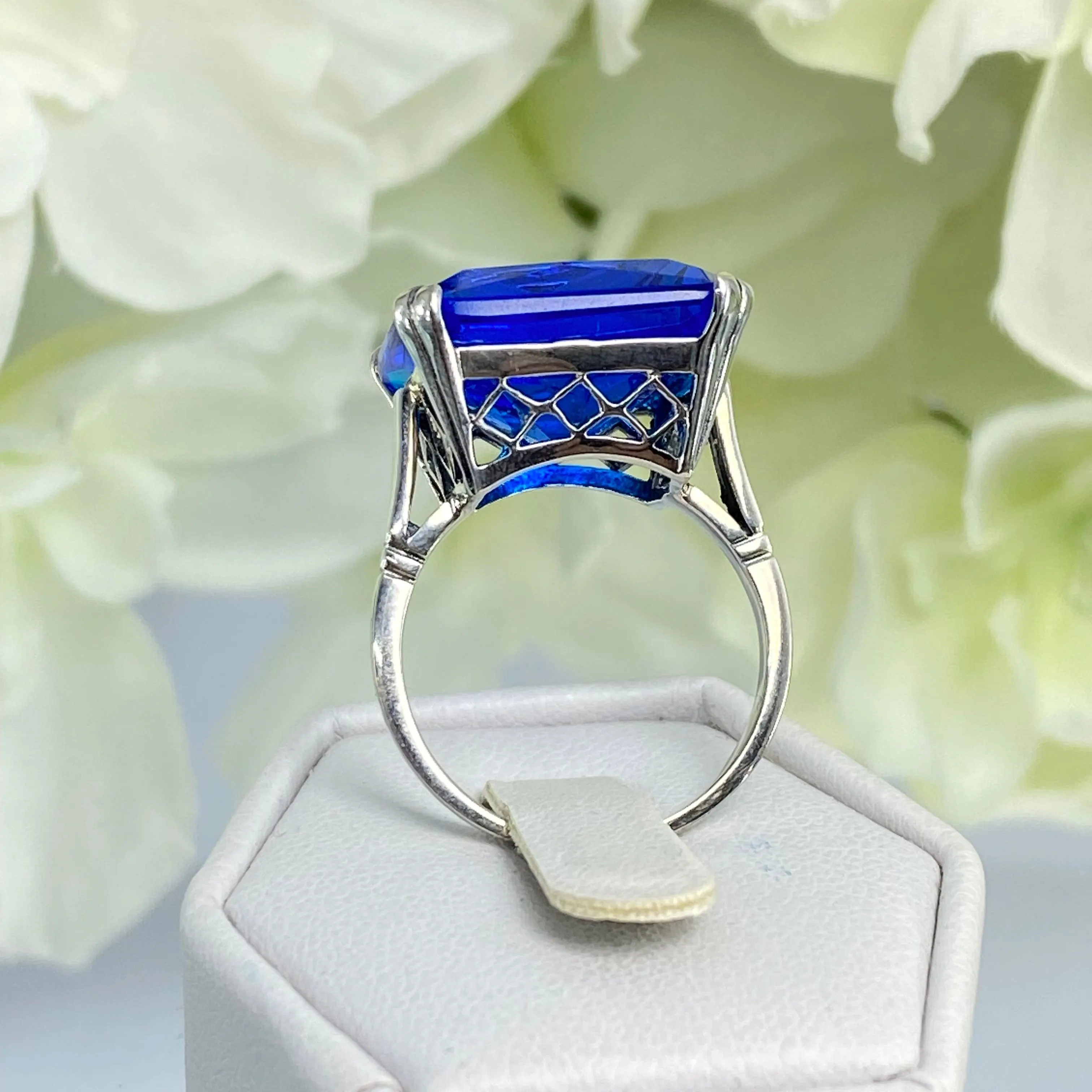 Blue Sapphire Ring, 20ct Big Huge Square Gem, Vintage Jewelry #D1