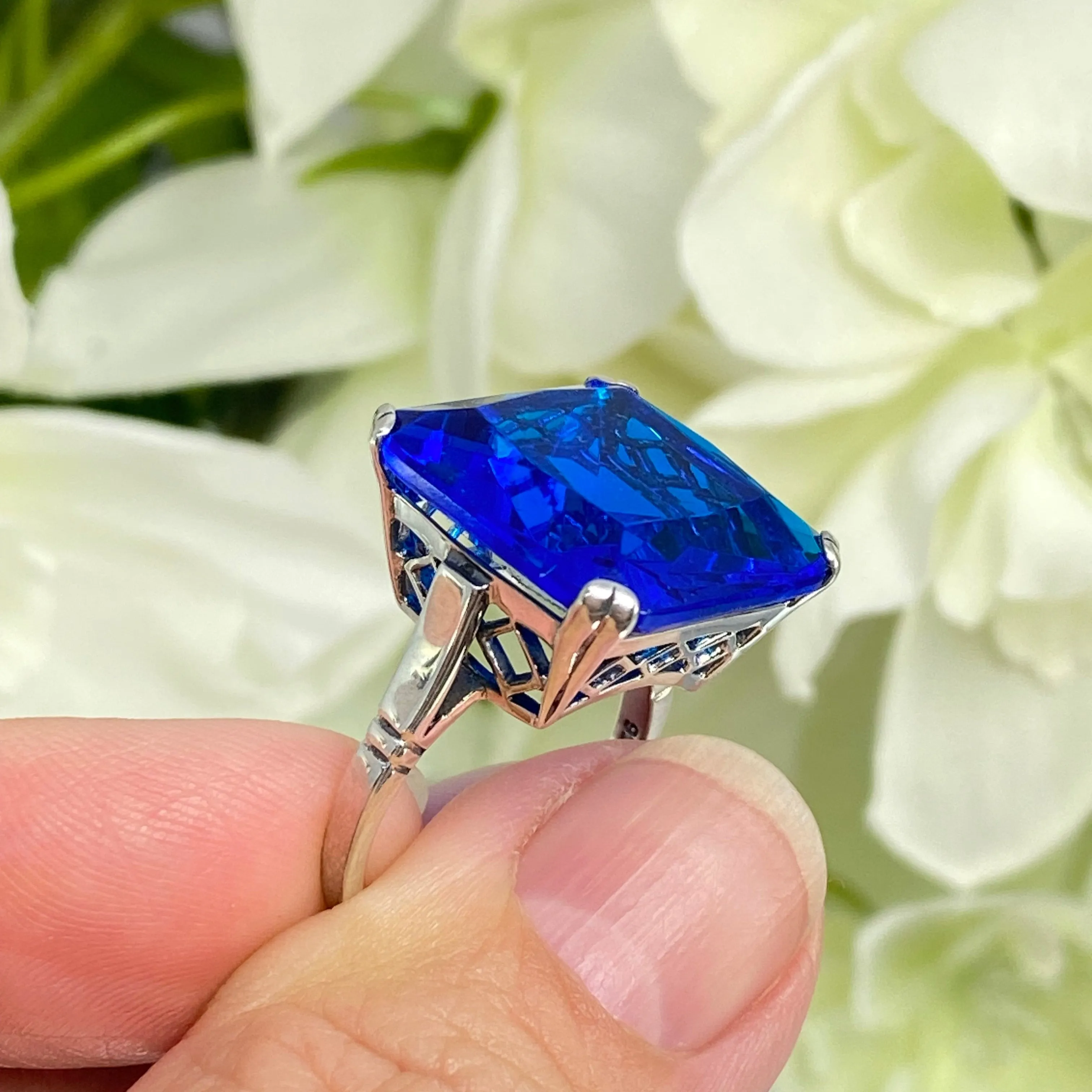 Blue Sapphire Ring, 20ct Big Huge Square Gem, Vintage Jewelry #D1