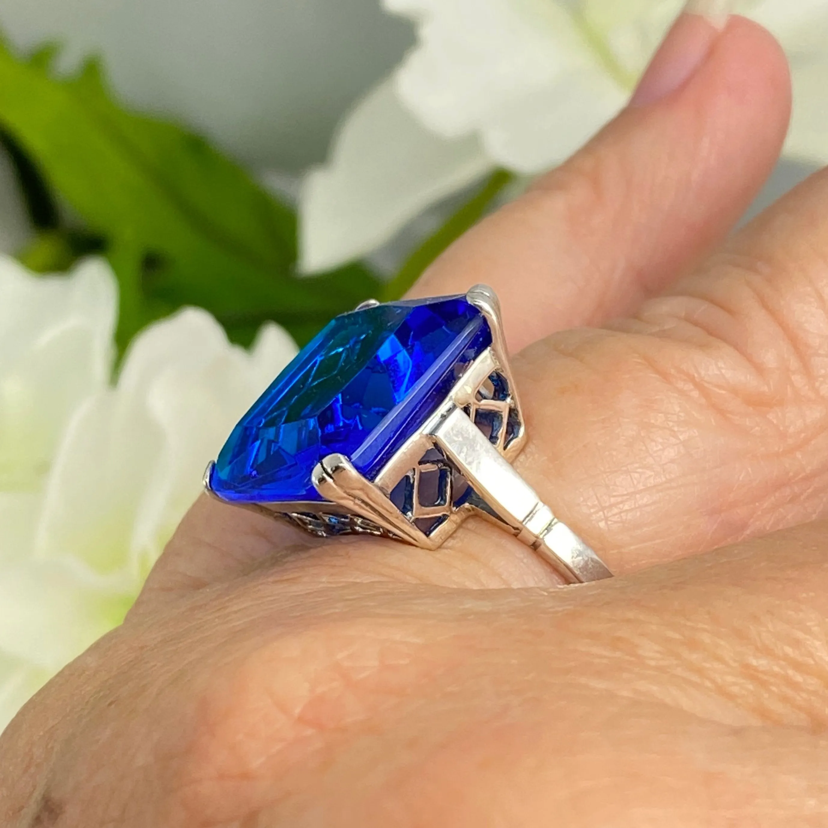 Blue Sapphire Ring, 20ct Big Huge Square Gem, Vintage Jewelry #D1