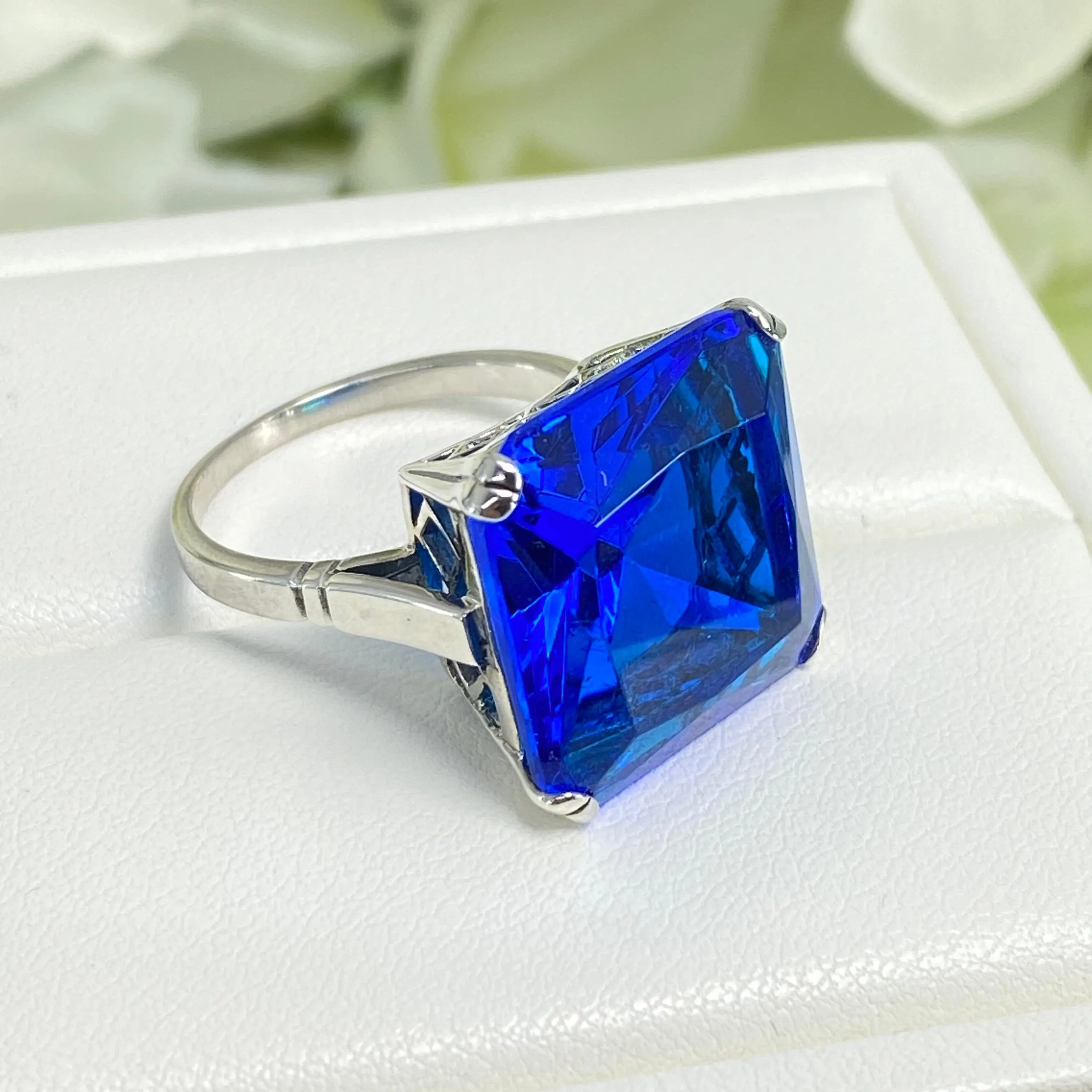 Blue Sapphire Ring, 20ct Big Huge Square Gem, Vintage Jewelry #D1