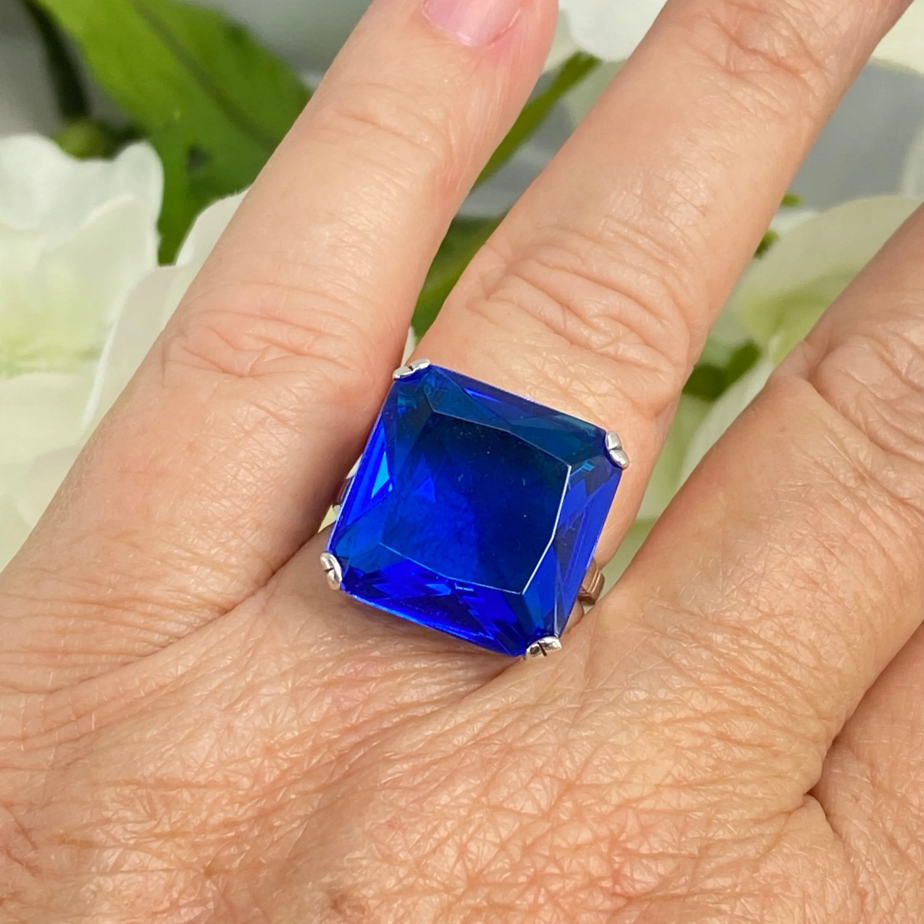 Blue Sapphire Ring, 20ct Big Huge Square Gem, Vintage Jewelry #D1