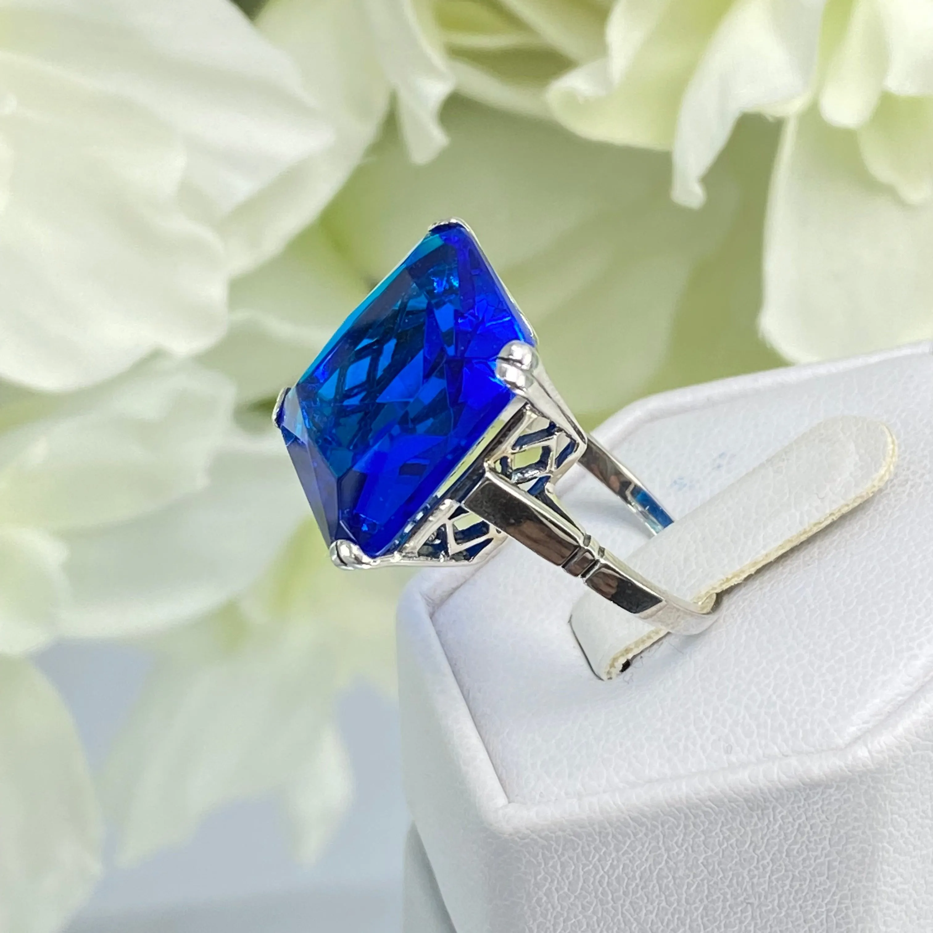 Blue Sapphire Ring, 20ct Big Huge Square Gem, Vintage Jewelry #D1