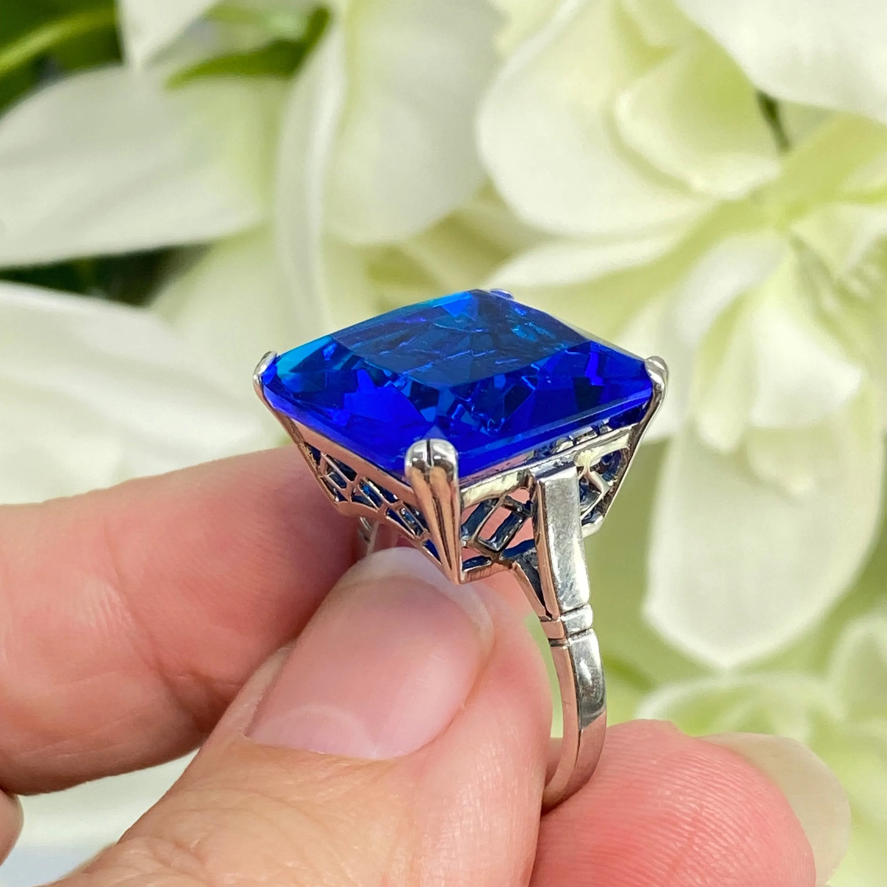Blue Sapphire Ring, 20ct Big Huge Square Gem, Vintage Jewelry #D1