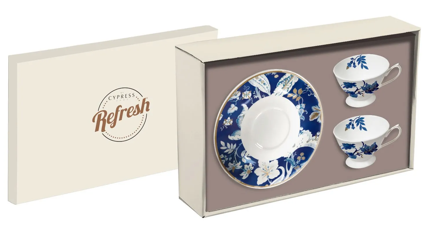Bone China Cup and Saucer Set, 6 OZ, Blue Floral Toile,3mss6861