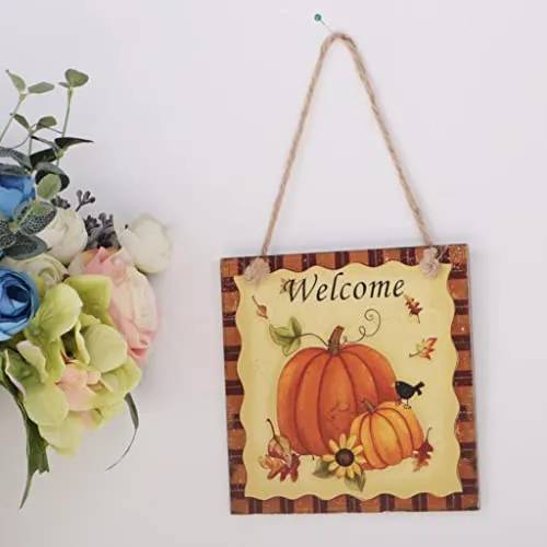 CALANDIS Rustic Square Pumpkin Welcome Wooden Plaque Halloween Seasonal Fall Board
