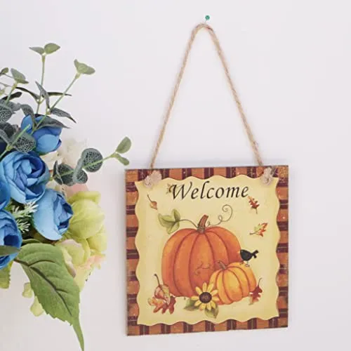 CALANDIS Rustic Square Pumpkin Welcome Wooden Plaque Halloween Seasonal Fall Board