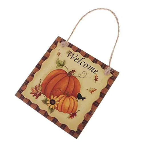 CALANDIS Rustic Square Pumpkin Welcome Wooden Plaque Halloween Seasonal Fall Board