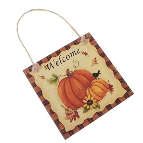 CALANDIS Rustic Square Pumpkin Welcome Wooden Plaque Halloween Seasonal Fall Board