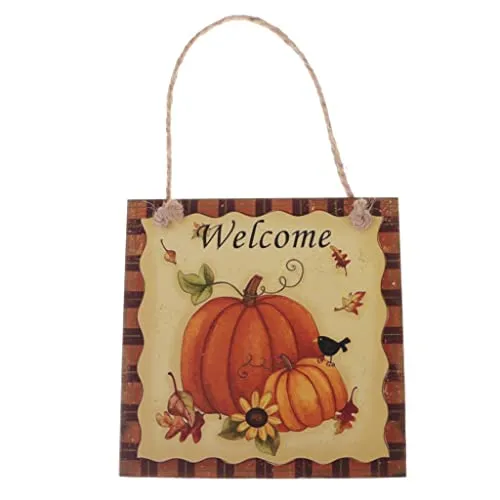 CALANDIS Rustic Square Pumpkin Welcome Wooden Plaque Halloween Seasonal Fall Board