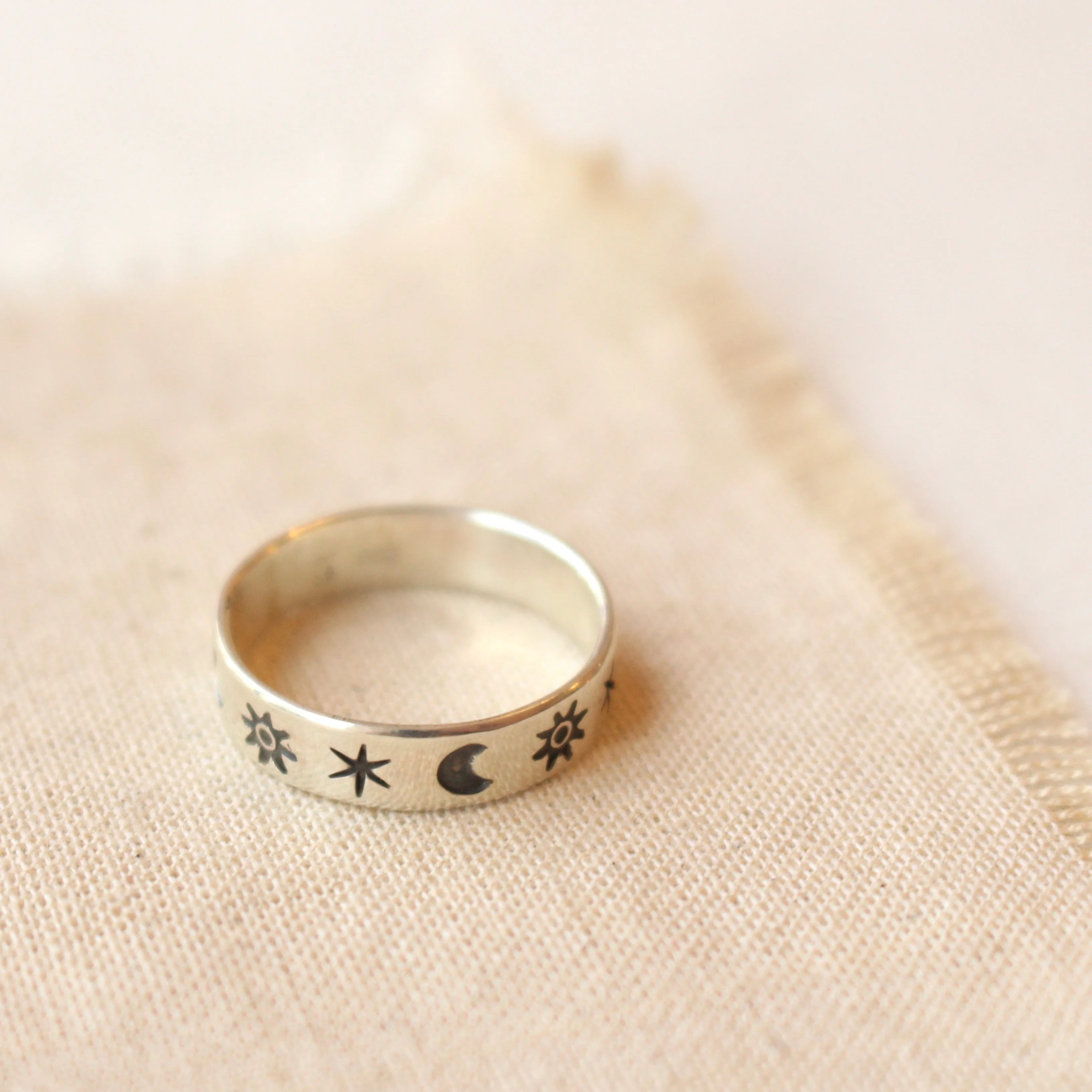 Celestial Moon, Sun and Stars Silver Band Ring