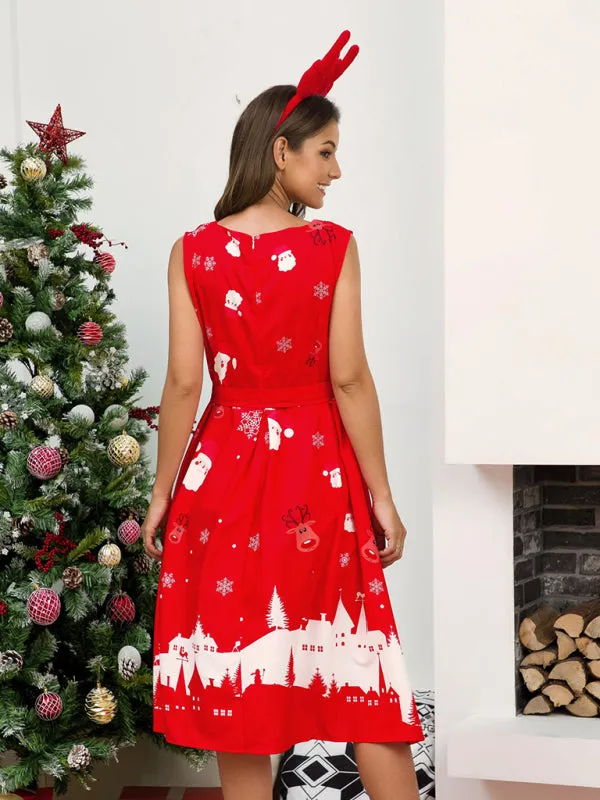 Christmas Print A-Line Dress with Festive Santa and Snowflakes