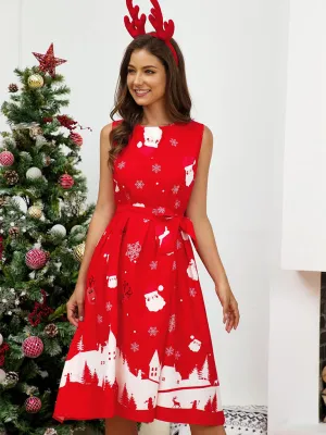 Christmas Print A-Line Dress with Festive Santa and Snowflakes