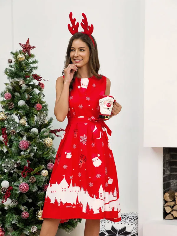 Christmas Print A-Line Dress with Festive Santa and Snowflakes
