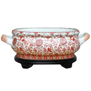 Coral Red Floral Porcelain Footbath with Base