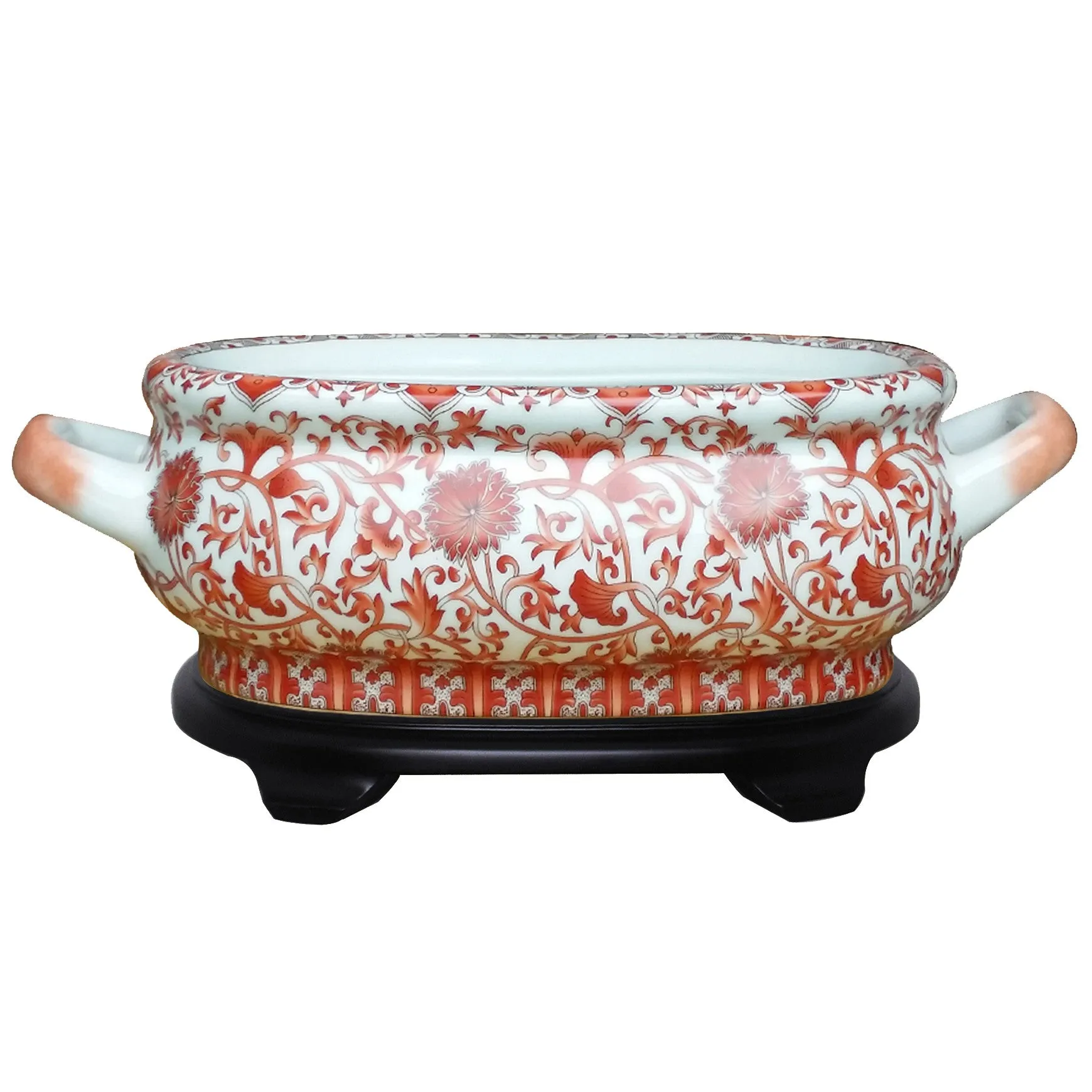 Coral Red Floral Porcelain Footbath with Base