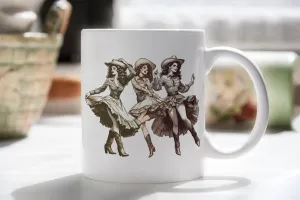 Cowgirl mug, trio of dancing cowgirls, whimsical ceramic coffee companion, charming gift for strong women and cowgirl vibes! | Wild West Chic collection