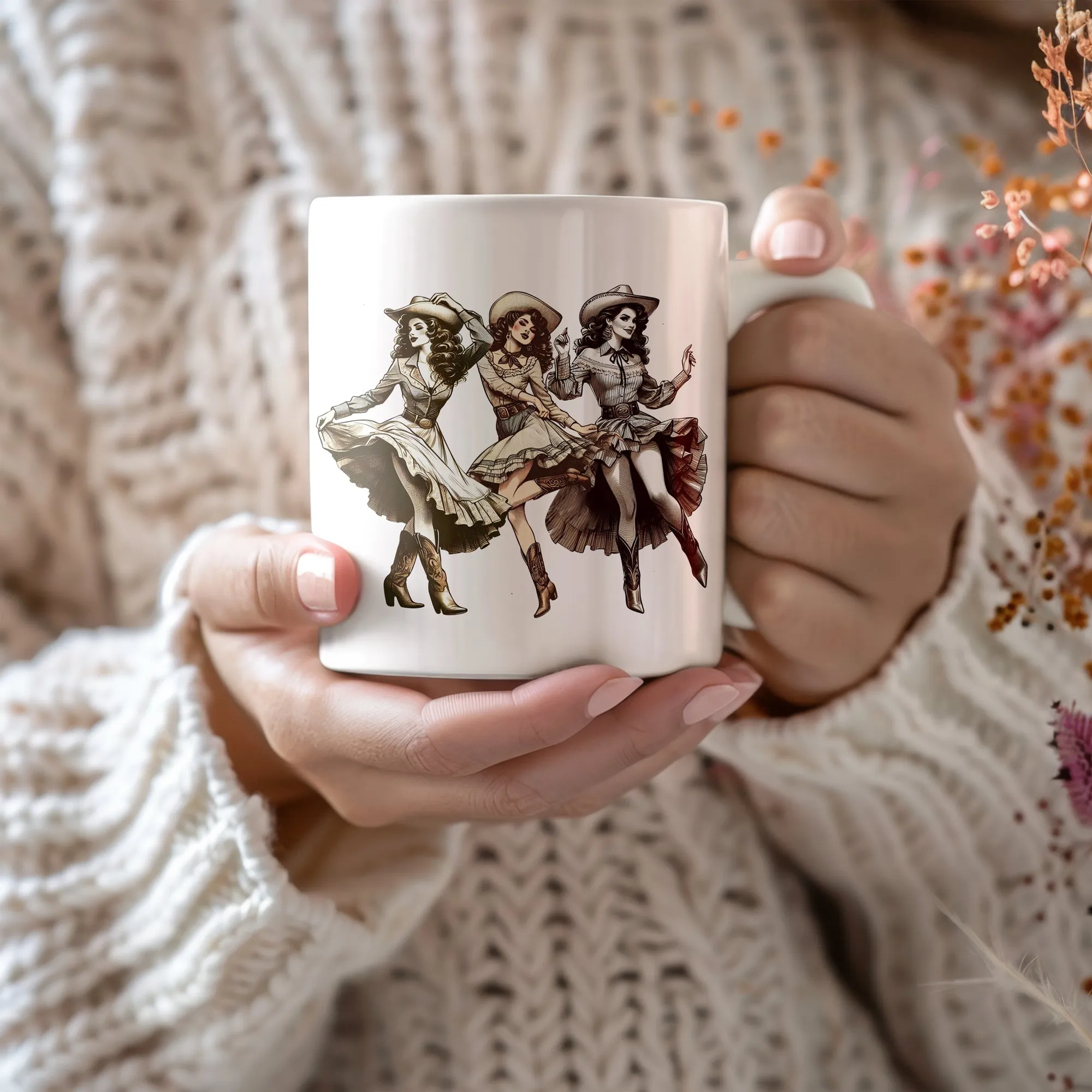 Cowgirl mug, trio of dancing cowgirls, whimsical ceramic coffee companion, charming gift for strong women and cowgirl vibes! | Wild West Chic collection