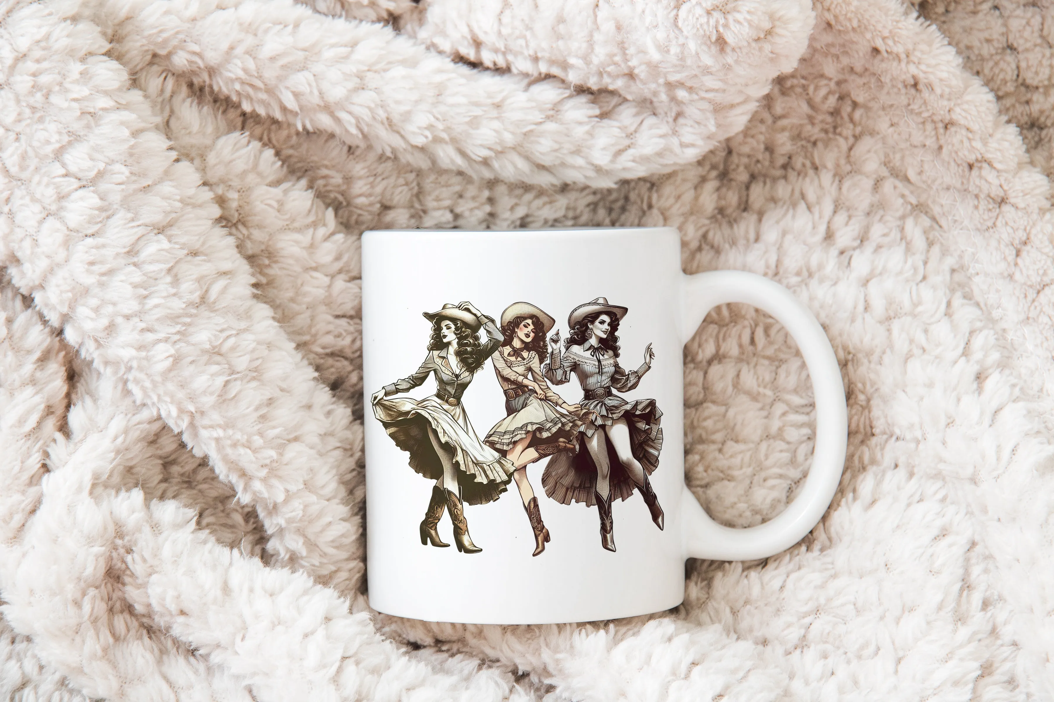 Cowgirl mug, trio of dancing cowgirls, whimsical ceramic coffee companion, charming gift for strong women and cowgirl vibes! | Wild West Chic collection
