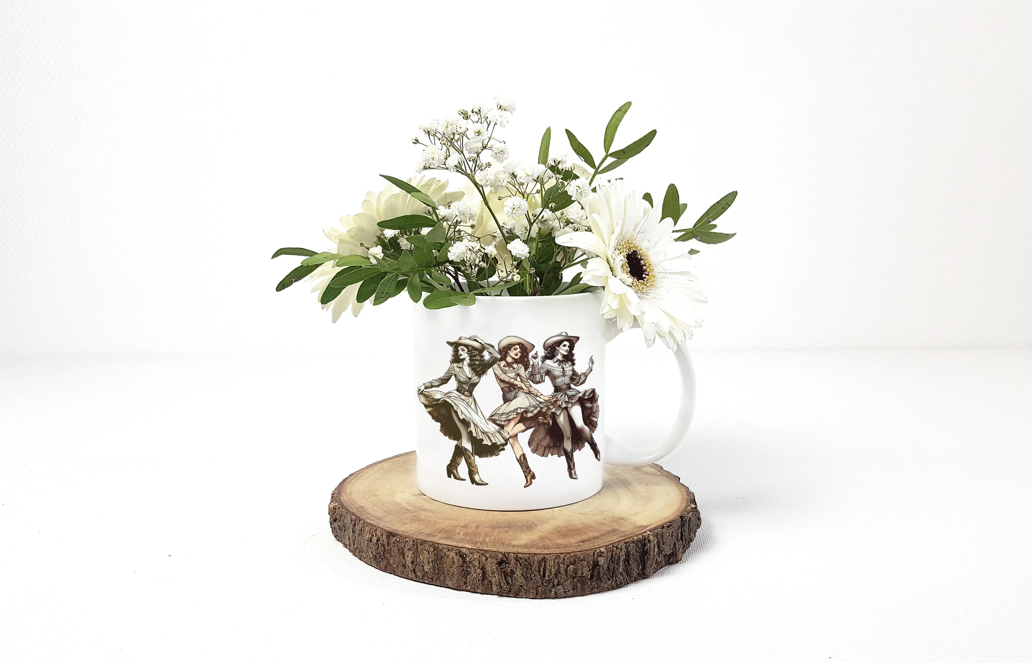 Cowgirl mug, trio of dancing cowgirls, whimsical ceramic coffee companion, charming gift for strong women and cowgirl vibes! | Wild West Chic collection