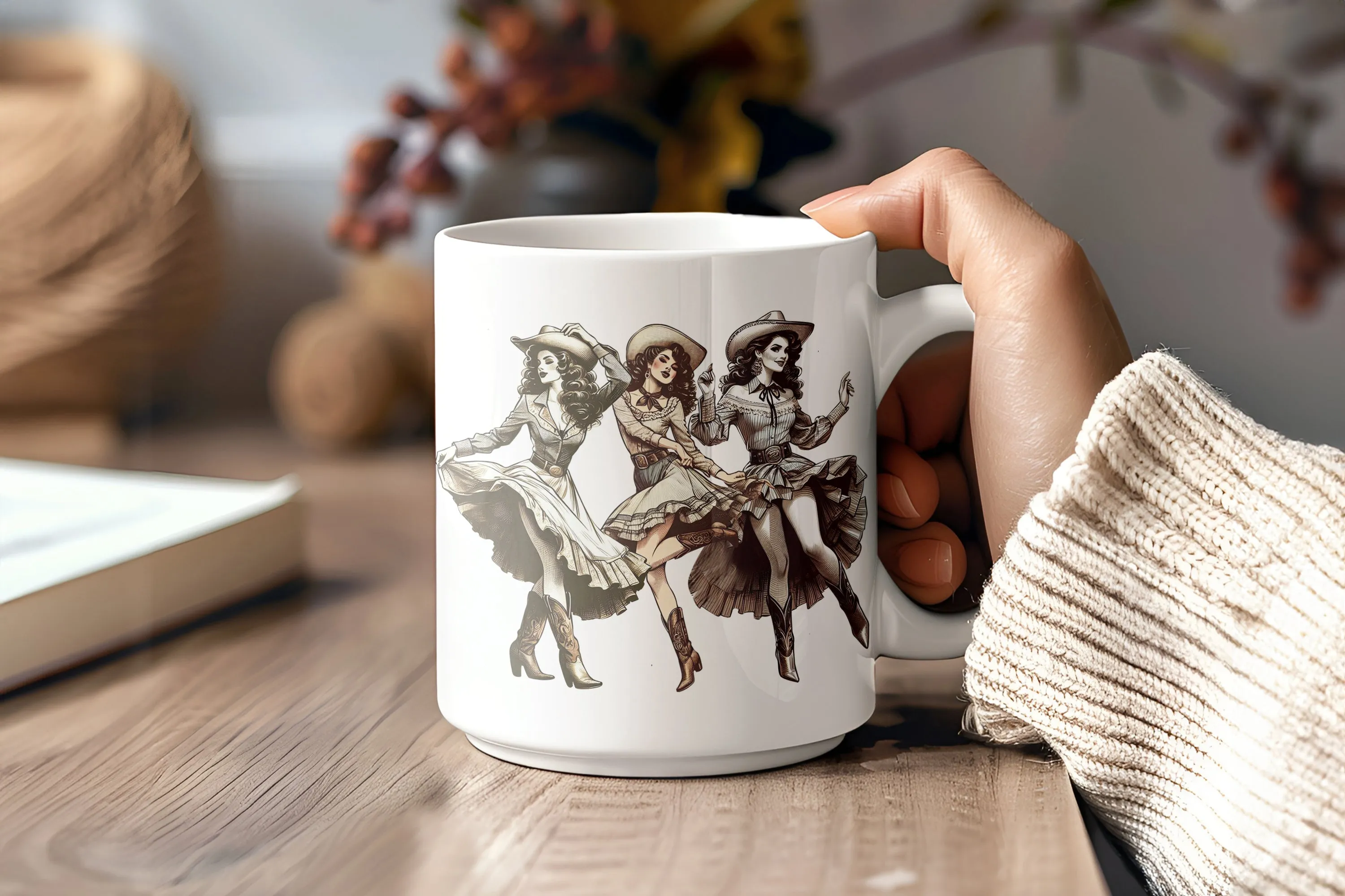 Cowgirl mug, trio of dancing cowgirls, whimsical ceramic coffee companion, charming gift for strong women and cowgirl vibes! | Wild West Chic collection