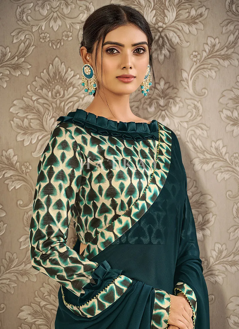 Dark Green Digital Printed Silk Georgette Saree