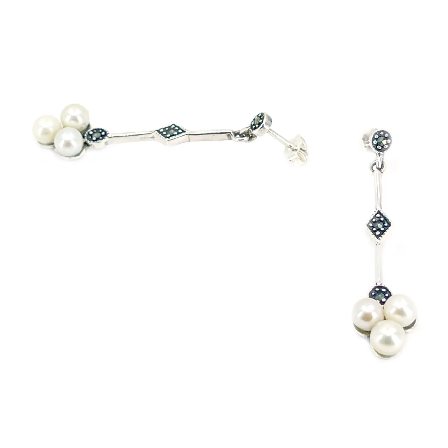 Deco Marcasite Antique Akoya Saltwater Cultured Pearl Pierced Drop Earrings- Sterling Silver