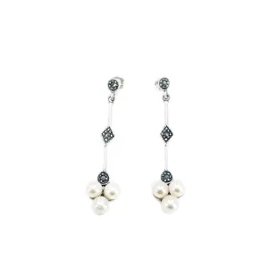 Deco Marcasite Antique Akoya Saltwater Cultured Pearl Pierced Drop Earrings- Sterling Silver