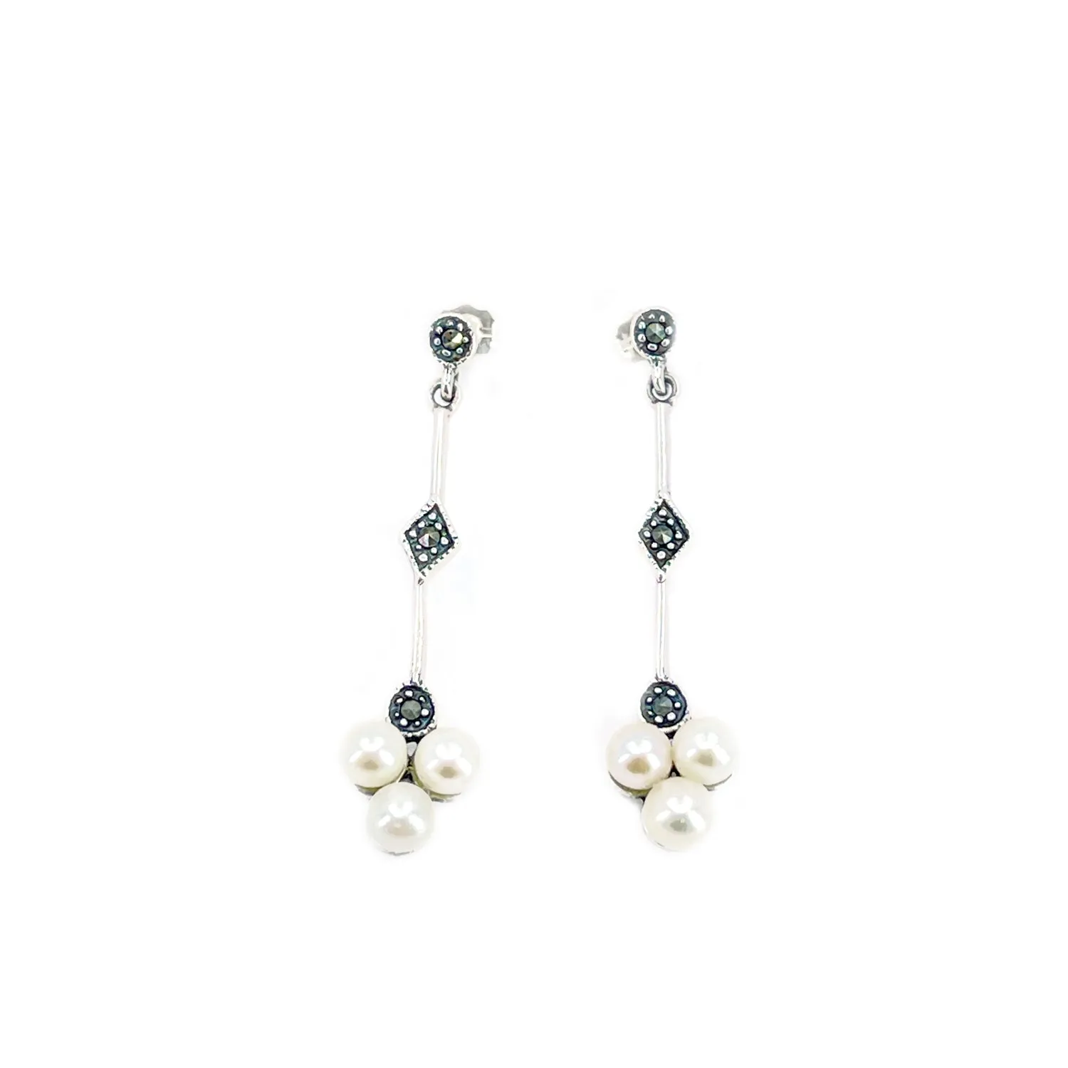 Deco Marcasite Antique Akoya Saltwater Cultured Pearl Pierced Drop Earrings- Sterling Silver