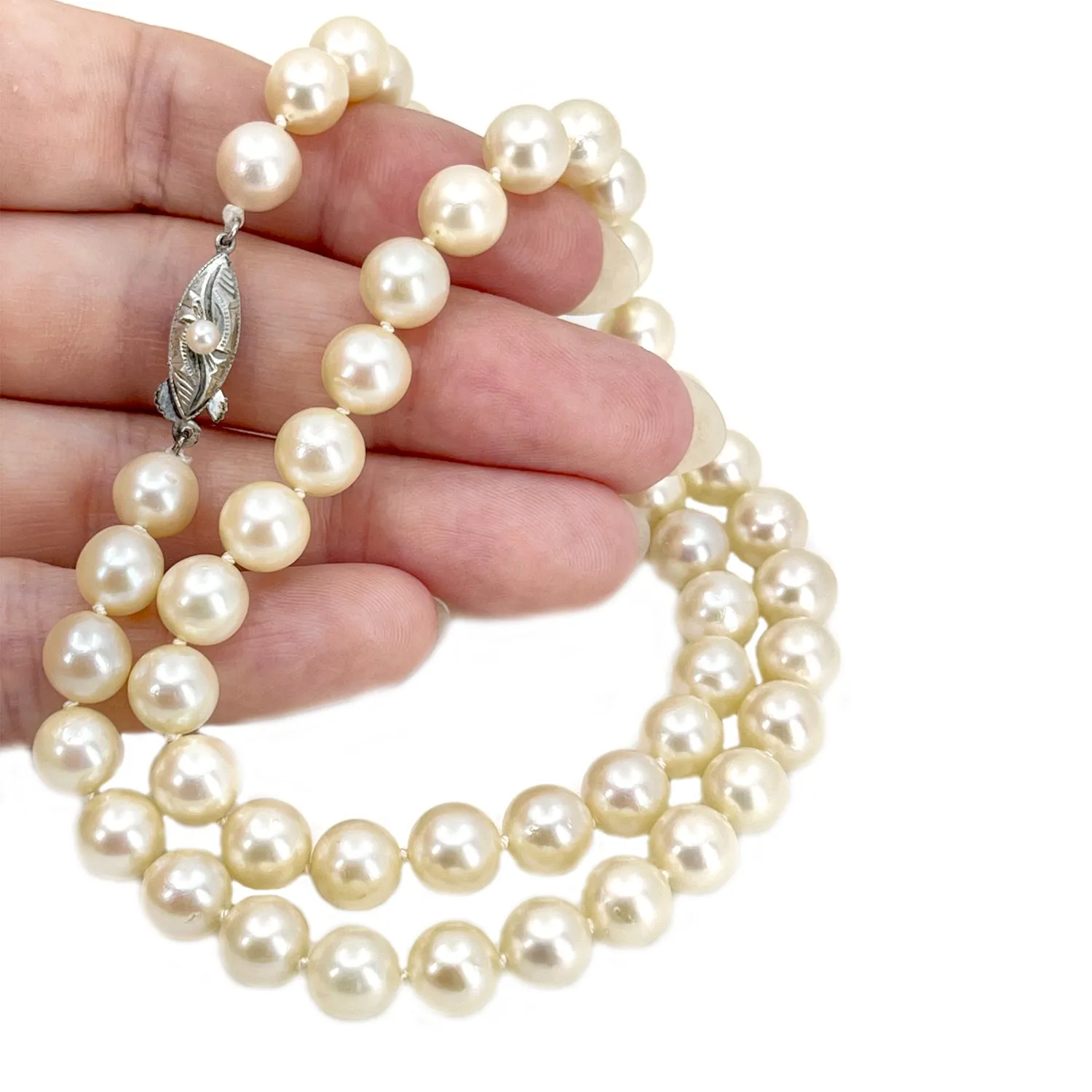 Deco Vintage Japanese Saltwater Cultured Akoya Pearl Necklace - Sterling Silver 17.75 Inch