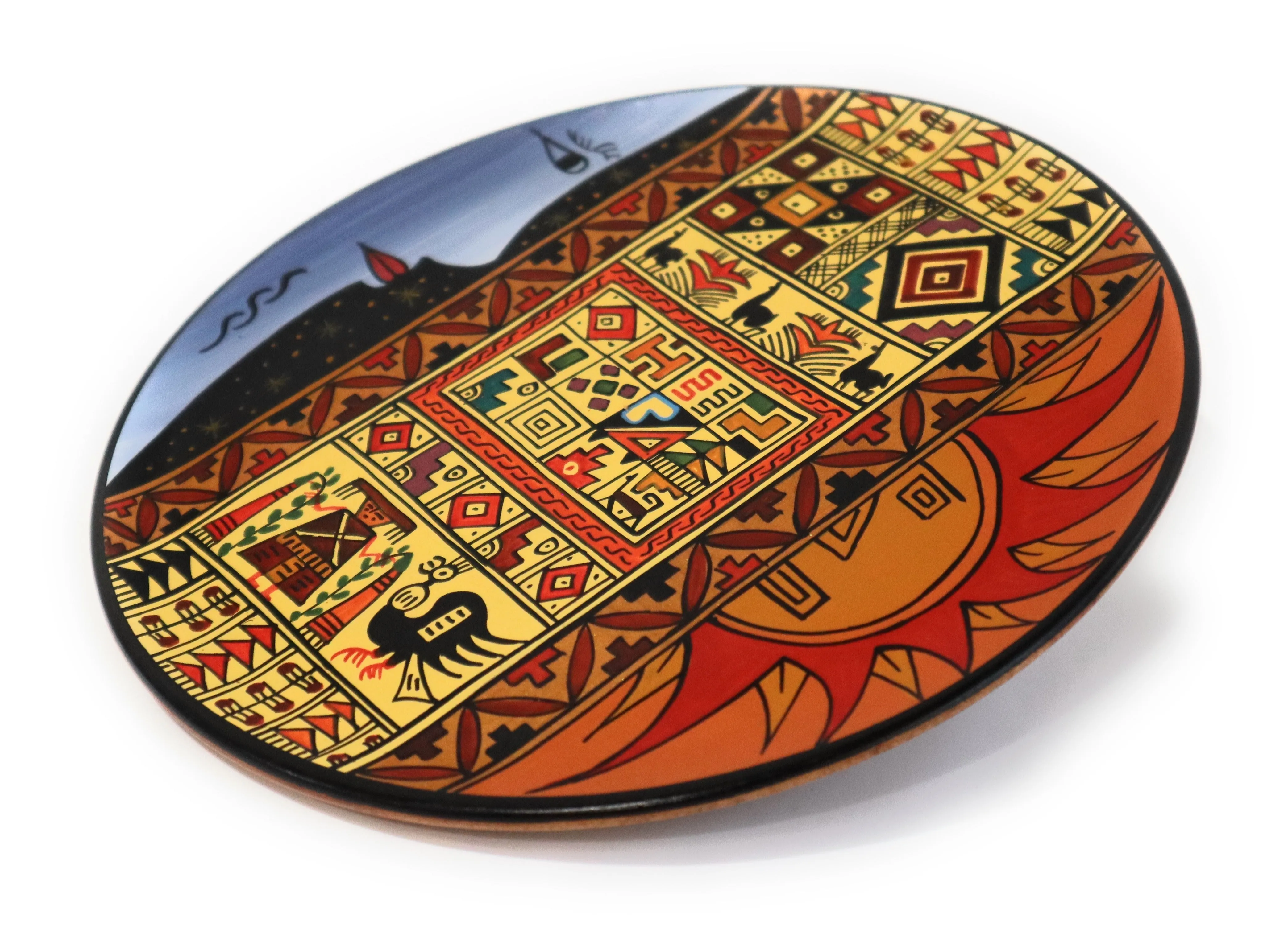 Decorative Wood Plate. Handpainted Multicolor, Inca Design. Moon, Sun & Stars. Diam.: 7.90"