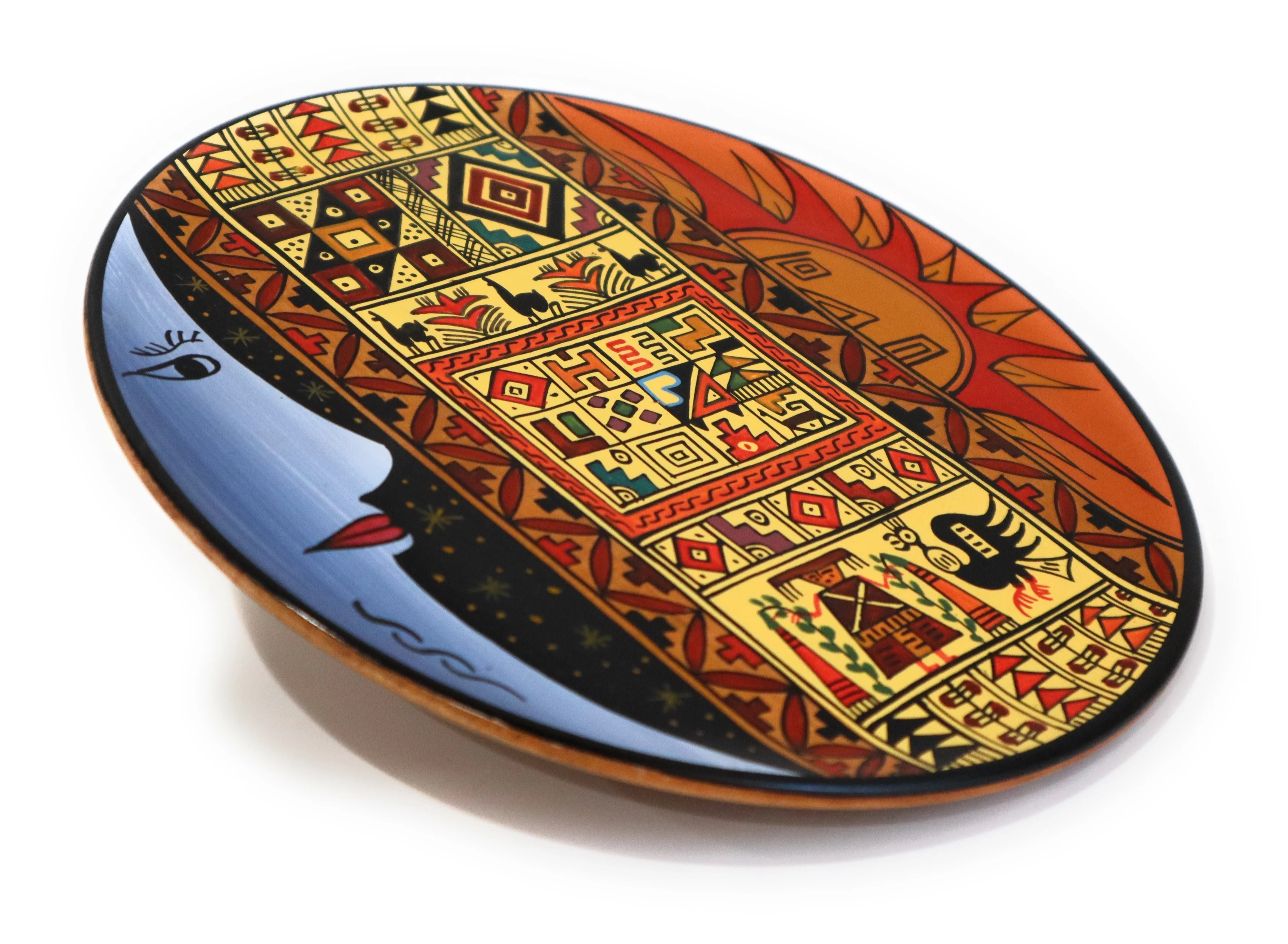 Decorative Wood Plate. Handpainted Multicolor, Inca Design. Moon, Sun & Stars. Diam.: 7.90"