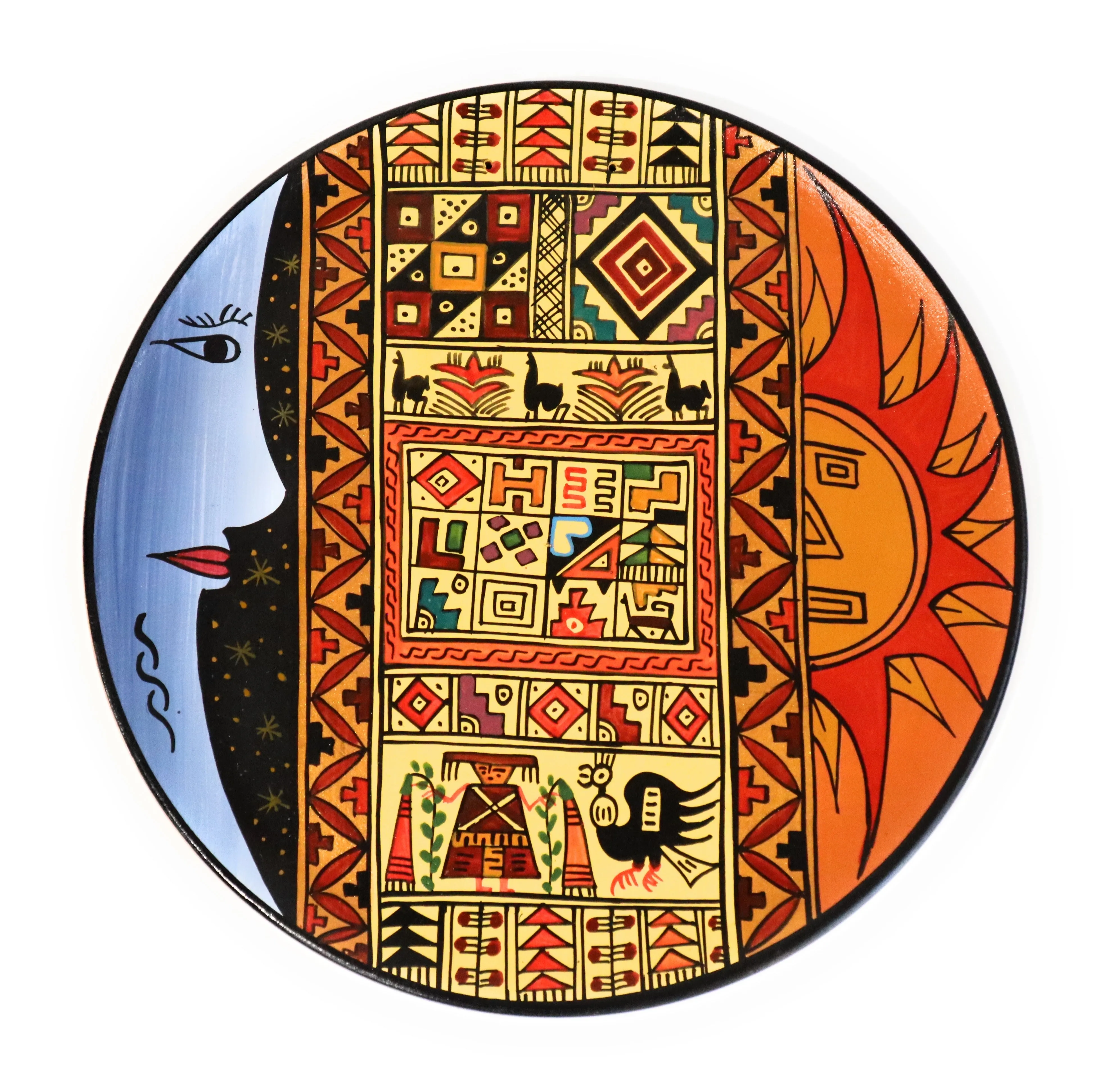 Decorative Wood Plate. Handpainted Multicolor, Inca Design. Moon, Sun & Stars. Diam.: 7.90"