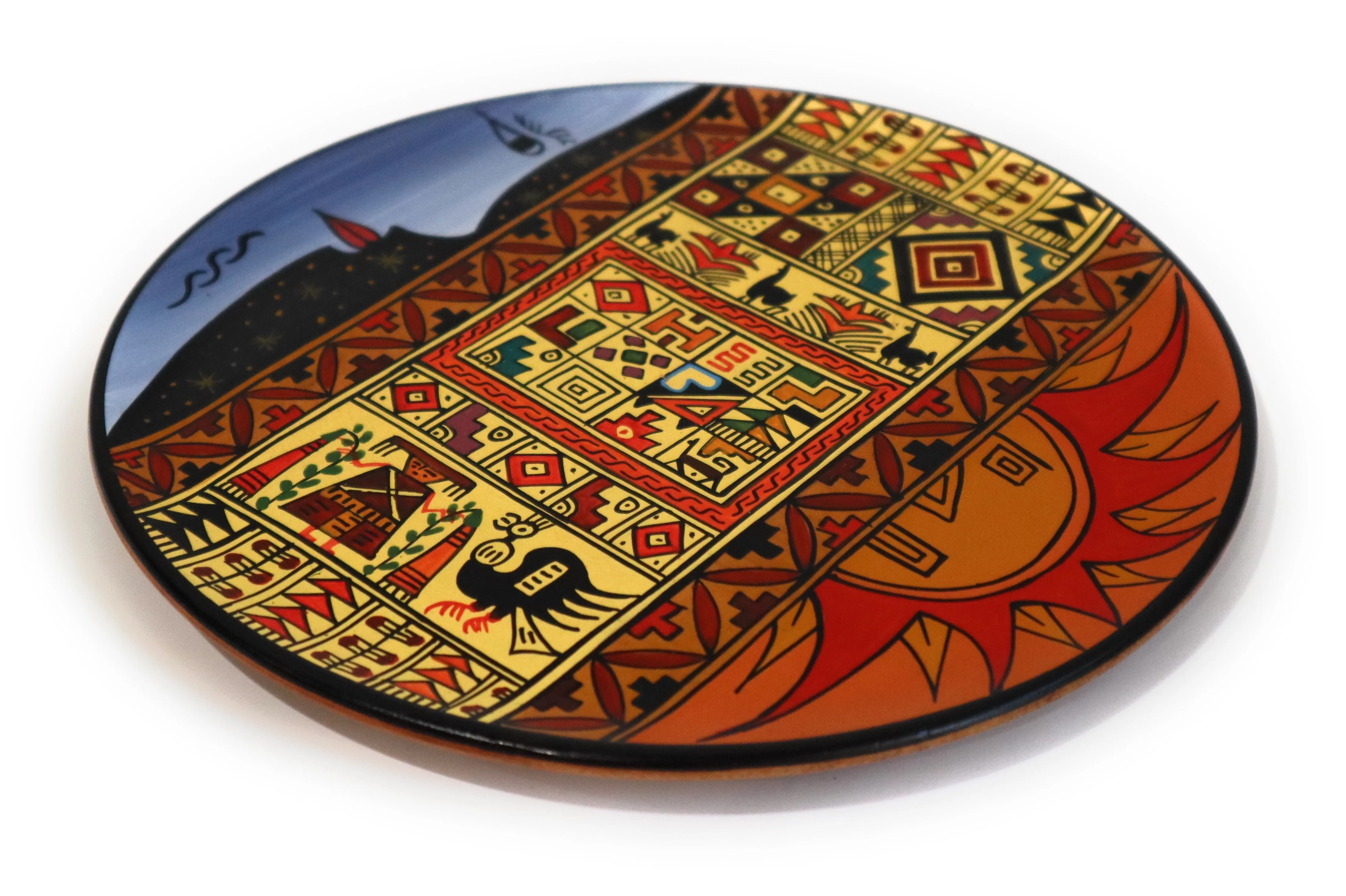 Decorative Wood Plate. Handpainted Multicolor, Inca Design. Moon, Sun & Stars. Diam.: 7.90"