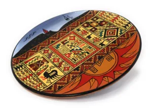 Decorative Wood Plate. Handpainted Multicolor, Inca Design. Moon, Sun & Stars. Diam.: 7.90"